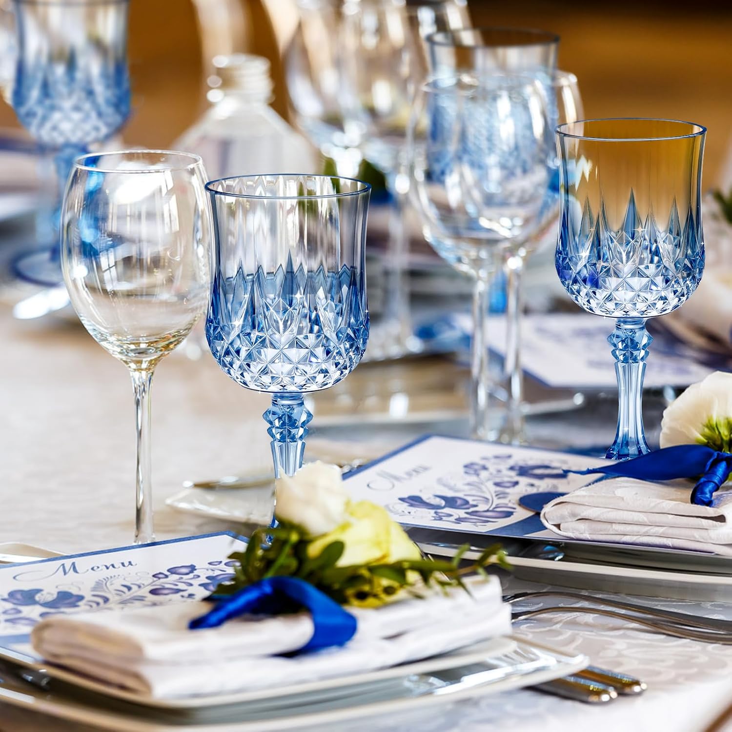 Dualshine 12 Pcs Blue Plastic Wine Glasses, Blue Transparent Plastic Goblets for Wedding Reception, Drinking Glasses for Parties, Valentine's Day, Birthdays - Image 2