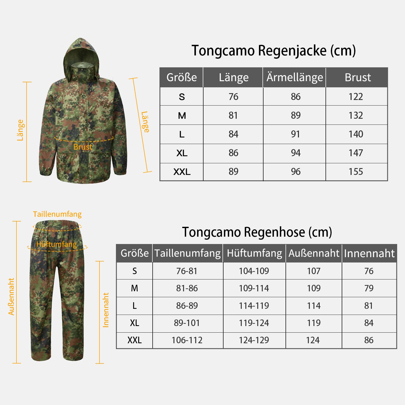 Regenanzüge für Männer Wasserdichtes Regenzeug Erwachsene Regenjacke Hose Atmungsaktiv Leichter Regenmantel Kapuze Jagd Tarnmuster