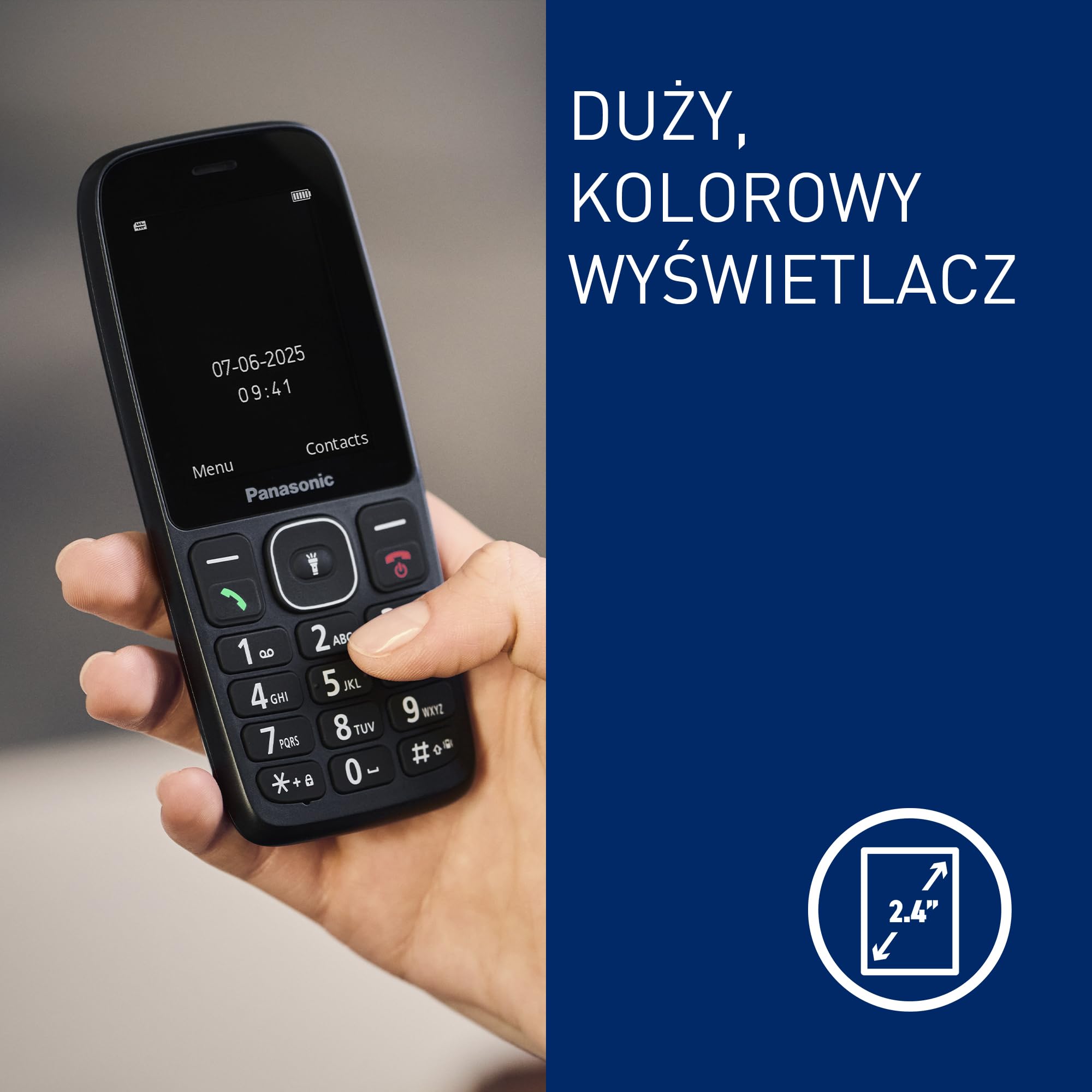 Panasonic KX-TF400EXB Łatwy w Użyciu Klasyczny Telefon 4 G VoLTE, 280 Godzin Czuwania, Ładowanie USB-C, Wyświetlacz 2,4 Cala, Bluetooth, Latarka LED, Aparat, Wodoodporność IP44, Czarny