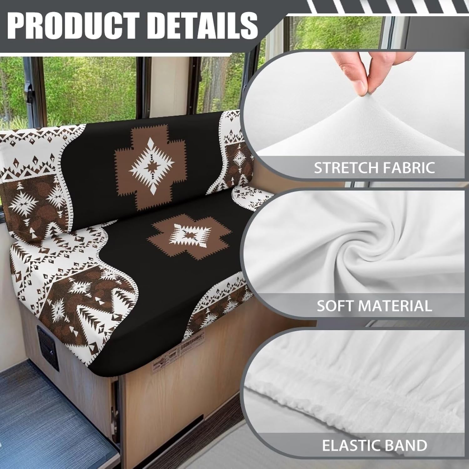 GULANGYU Brown Navajo Print RV Cushion Covers RV Dinette Booth Seat Cover Stretchable Camper Couch Covers Washable Slipcovers for Camper Car Bench (2 Backrest Cover & 2 Bench Cover)