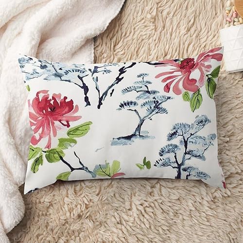 Miniatura 2 de Funda de almohada asiática de bonsái floral, rosa, azul, verde azulado, estilo chinoiserie, funda de cojín asiática, funda de cojín de 16 x 24