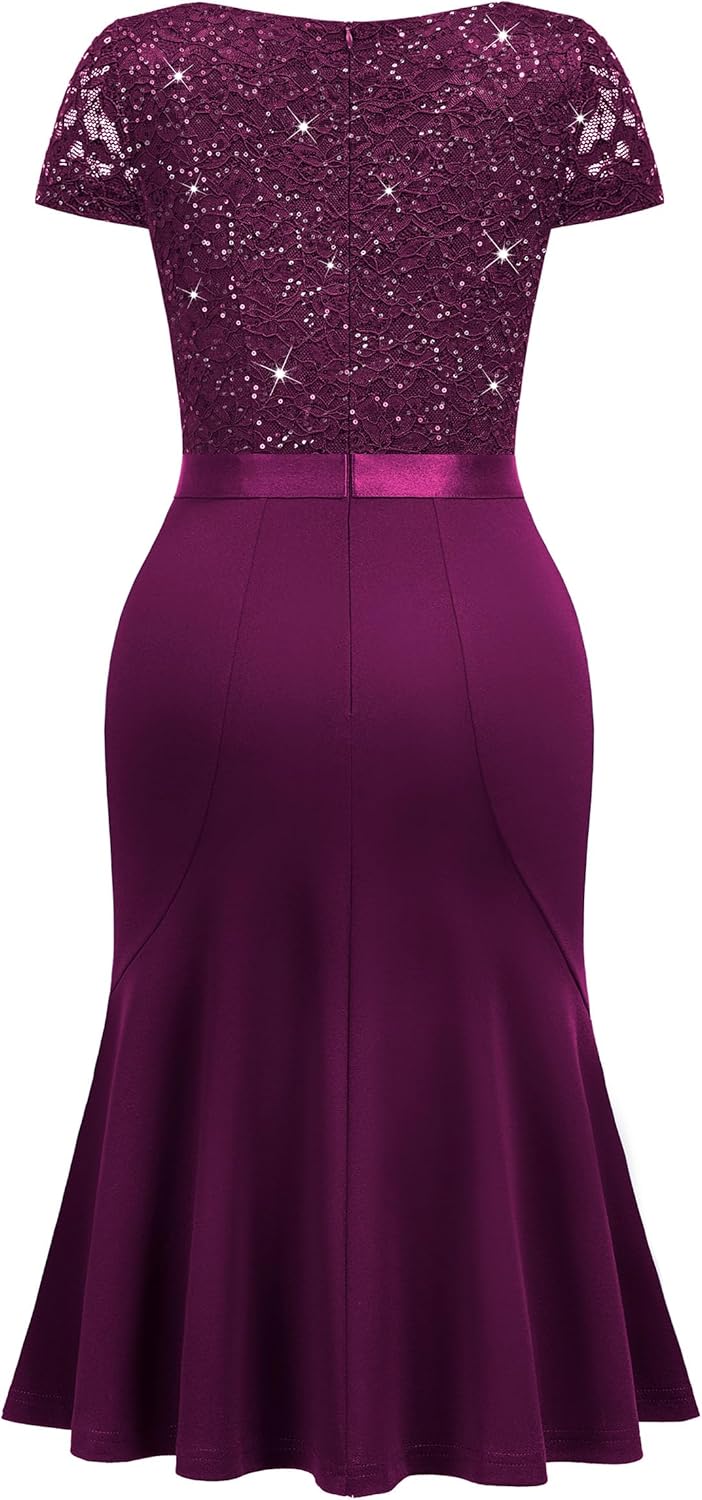 Miusol Women's Elegant V Neck Sequin Glitter Lace Ruffle Style Cocktail Prom Dress - Image 6