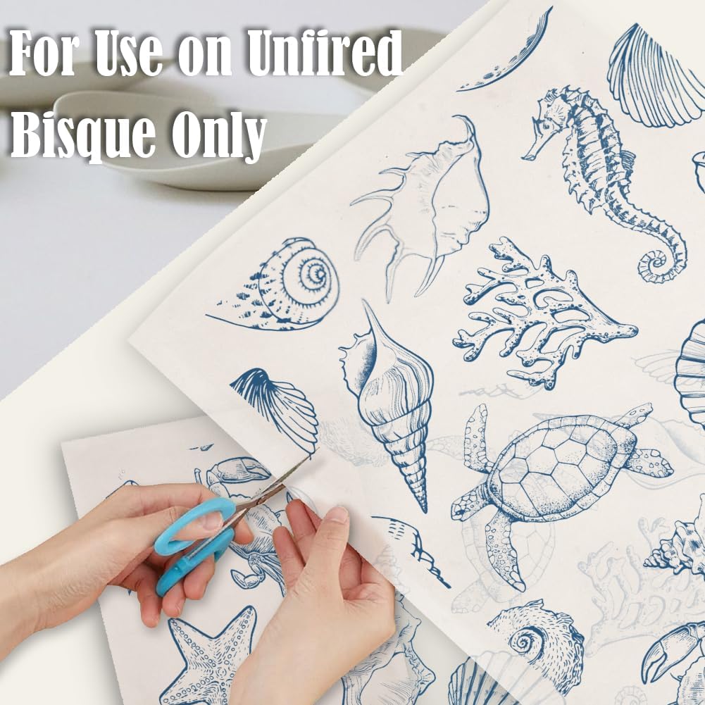 SUPERDANT 5PCS Marine Life Underglaze Paper Transfer Scallops Seahorses Turtles Transfer Paper for Clay Ceramic Porcelain Under Glaze Transfers for Pottery Enamel Decals Papers Handcrafted Gifts
