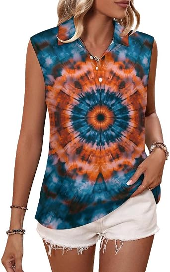 KIDVOVOU Colorful Tie Dye Golf Shirt for Women Sleeveless Polo Shirts Button Collared Lightweight Tennis Tank Top