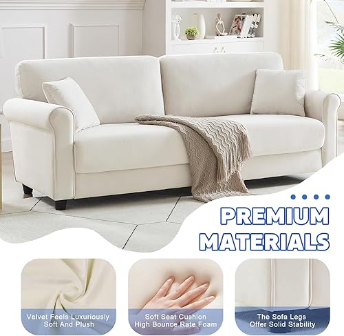 Miniatura 5 de Sofá tapizado de terciopelo de 82.48 pulgadas, sofá biplaza de 3 plazas, cómodos sofás para sala de estar, dormitorio, espacio pequeño (beige y
