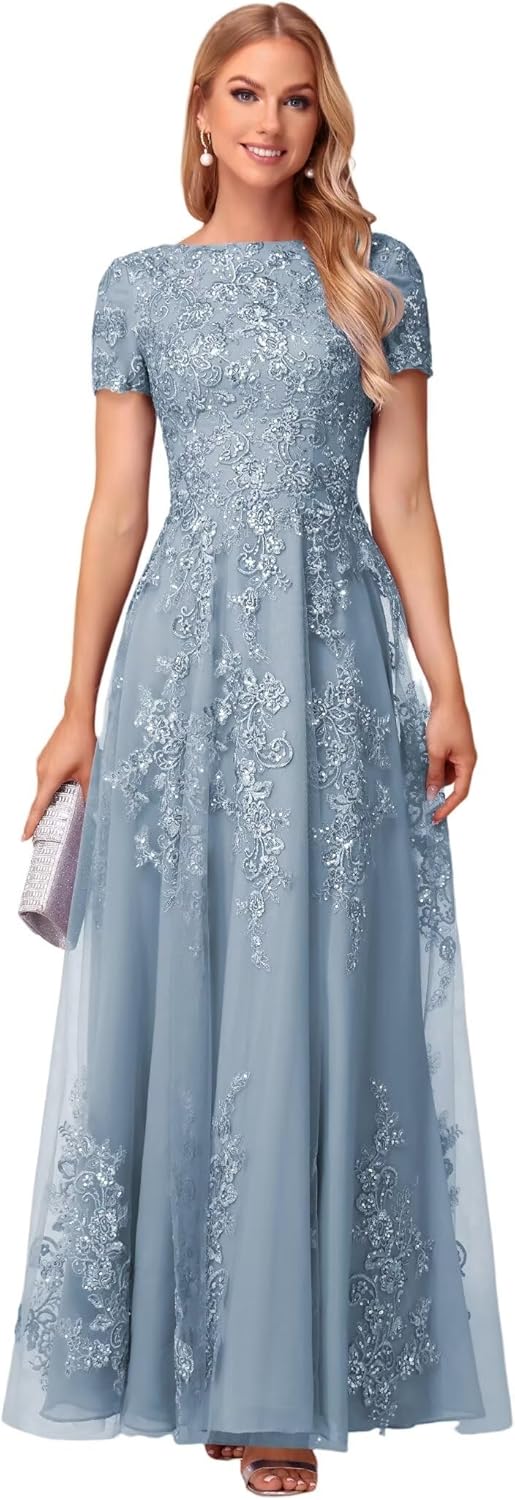 Lace Applique Mother of The Bride Dresses for Wedding Sequin Tulle Lace Crew Neck Wedding Guest Dresses