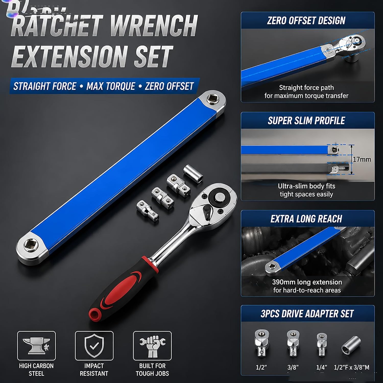 Offset Extension Wrench Set, Heavy Duty Ratchet Extender with 1/4", 3/8", 1/2" Square Drive Adapters, Ultra-Slim Tight Reach Tool for Automotive Mechanics, Practical Gifts for Men