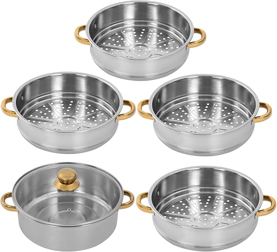 Dumpling Steamer, 5-Tier Stainless Steel Cooker, 10.24in Non-Stick Meat Vegetable Cooking Steam Pot, Steaming Cookware with Strainer Basket Handles & Glass Lid