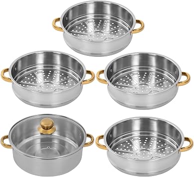 Dumpling Steamer, 5-Tier Stainless Steel Cooker, 10.24in Non-Stick Meat Vegetable Cooking Steam Pot, Steaming Cookware with Strainer Basket Handles & Glass Lid