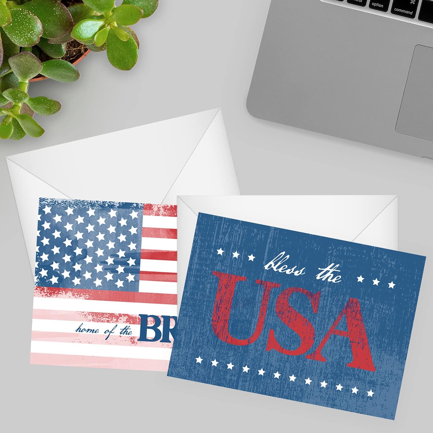 Patriotic All Occasion Greeting Cards / 24 American Flag Note Cards With White Envelopes / 4 USA Military Red White Blue Blank Inside Designs / 3 1/2" x 4 7/8" Veteran Cards / Made In The USA