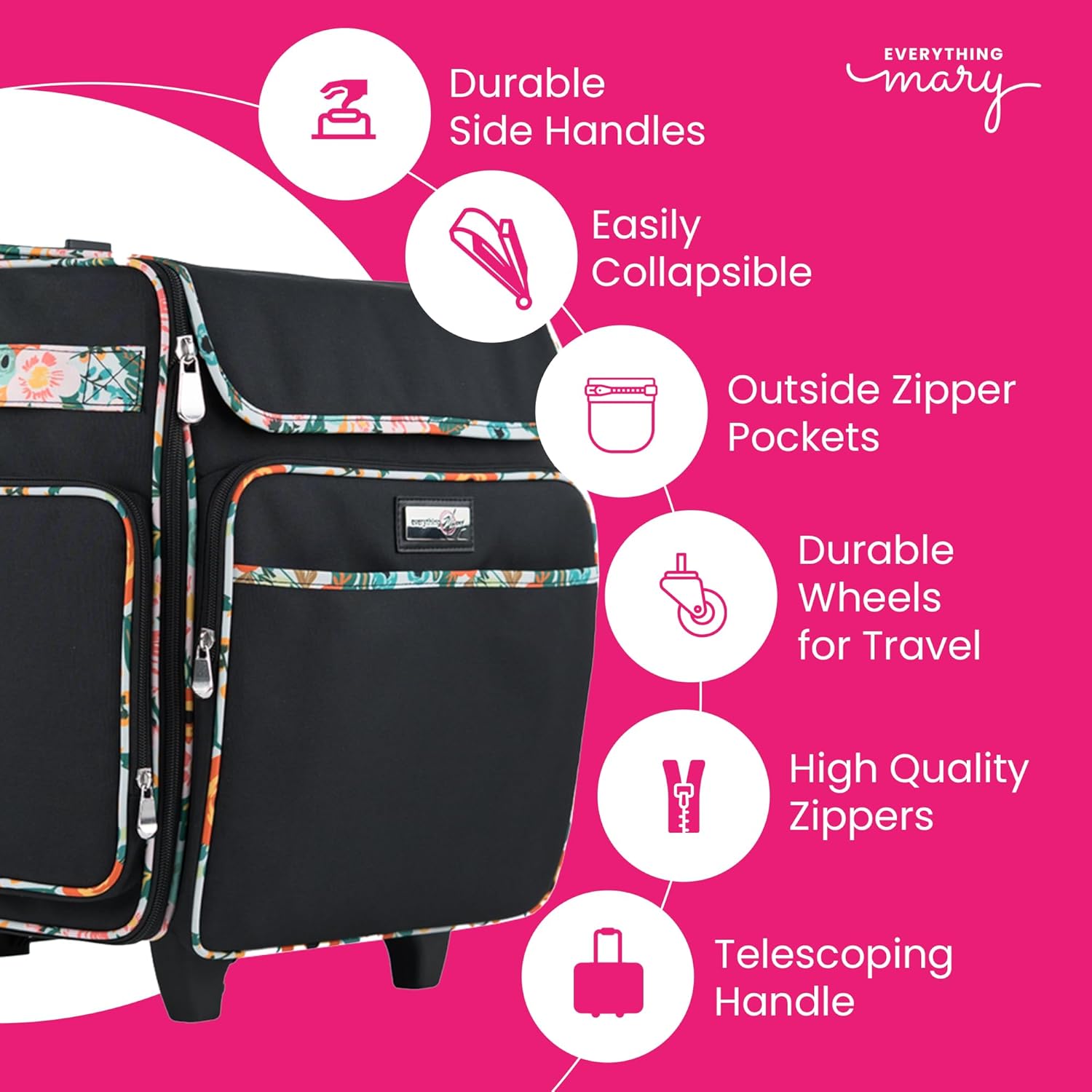 Everything Mary Rolling Scrapbook Tote – Black & Floral Trim Craft Bag with Wheels – Storage Organizer for Scrapbooking, Papercraft, Art Supplies & Craft Tools