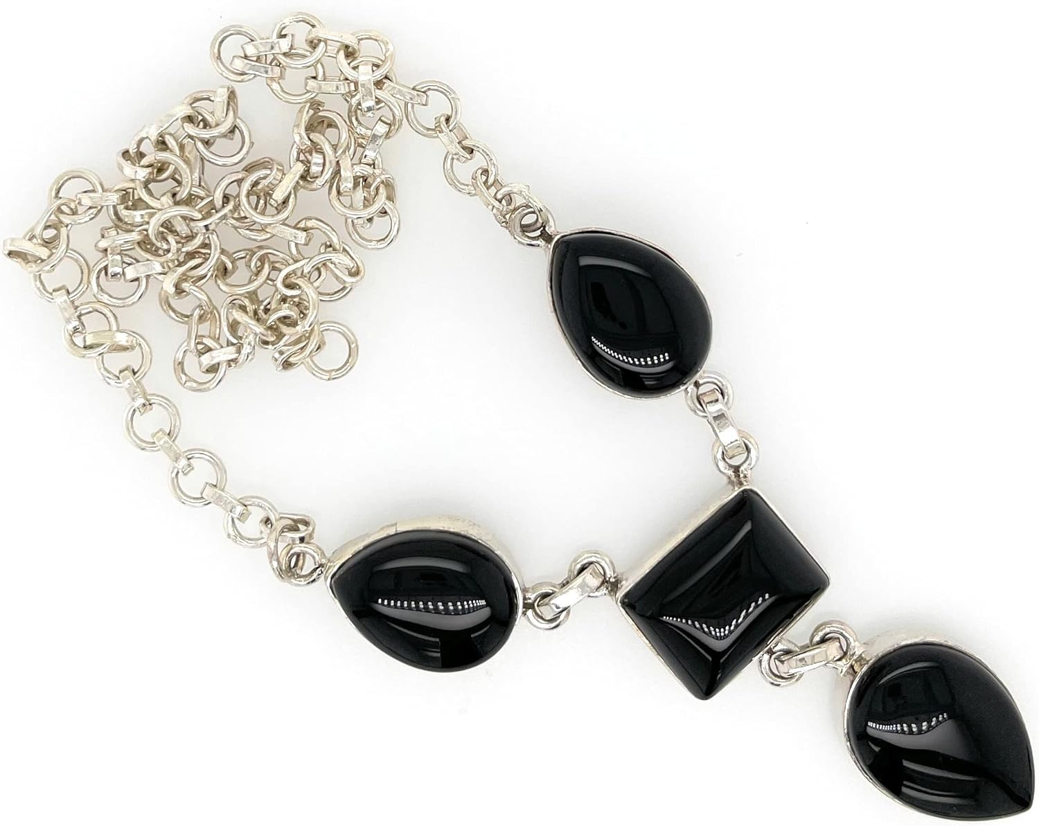 Natural Black Onyx 925 Solid Sterling Silver Necklace 16"