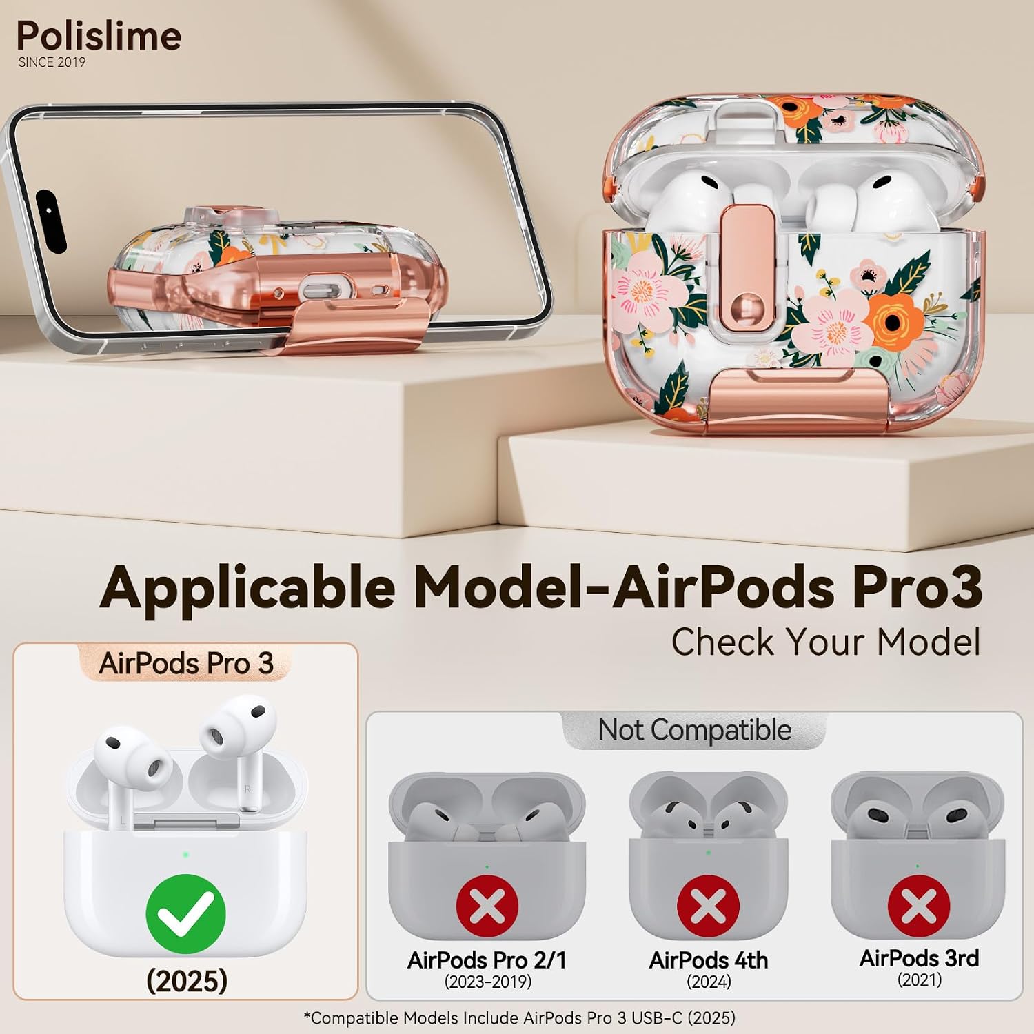 for Apple AirPod Pro 3 Case 2025 with Lock,Clear TPU Floral AirPod Pro 3 Generation Case Cover for Women Girly, iPod Pro 3 Cases with Keychain & Cleaner Kit- White Berry Flower