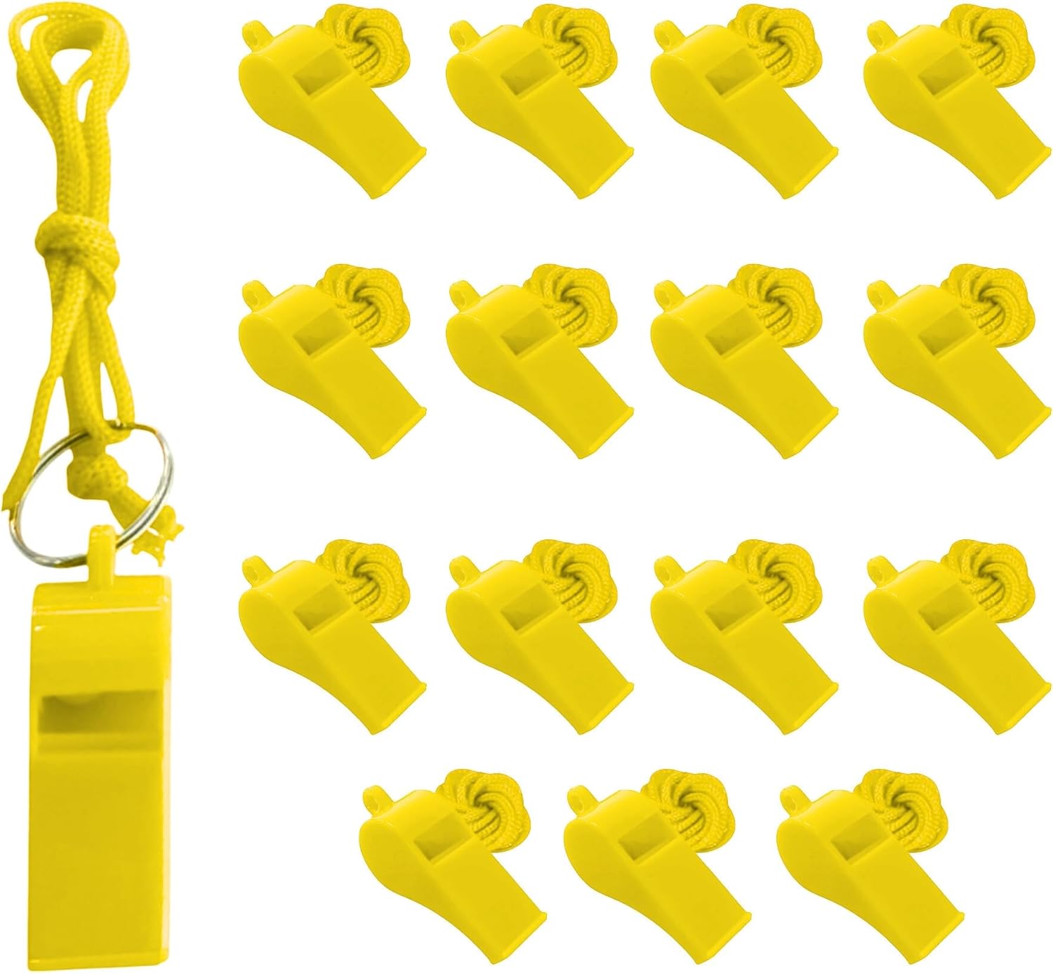 Pack of 50 Yellow Plastic Whistles with Lanyard Neck Cord