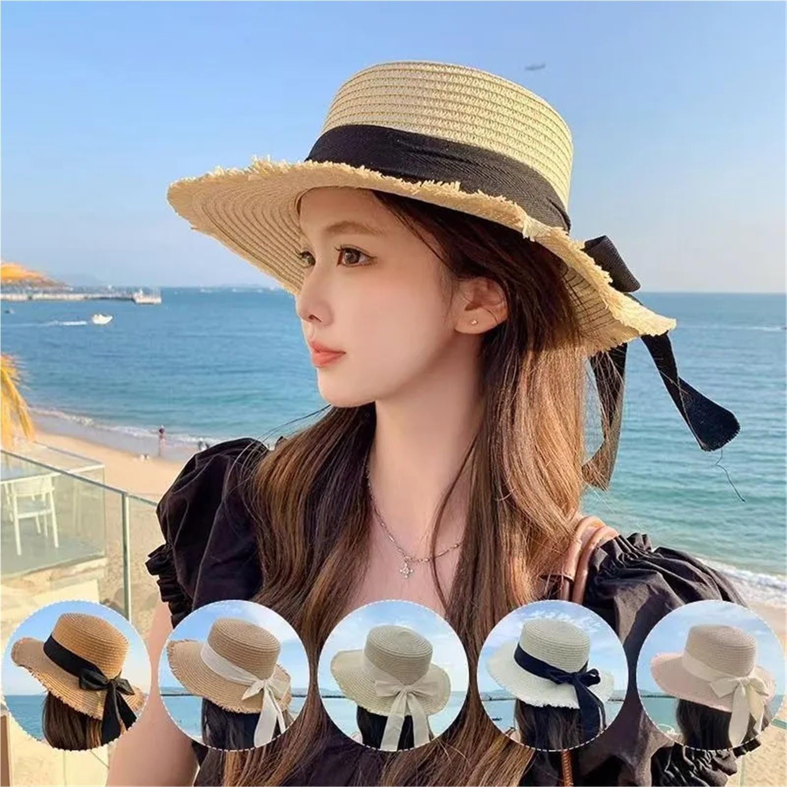 Sombrero Paja Verano Pajarita Correa Sombrero de Paja Mujer al Aire Libre ala Ancha Sol Playa Vacaciones protección UV Mujeres densas | 1-Khaki White