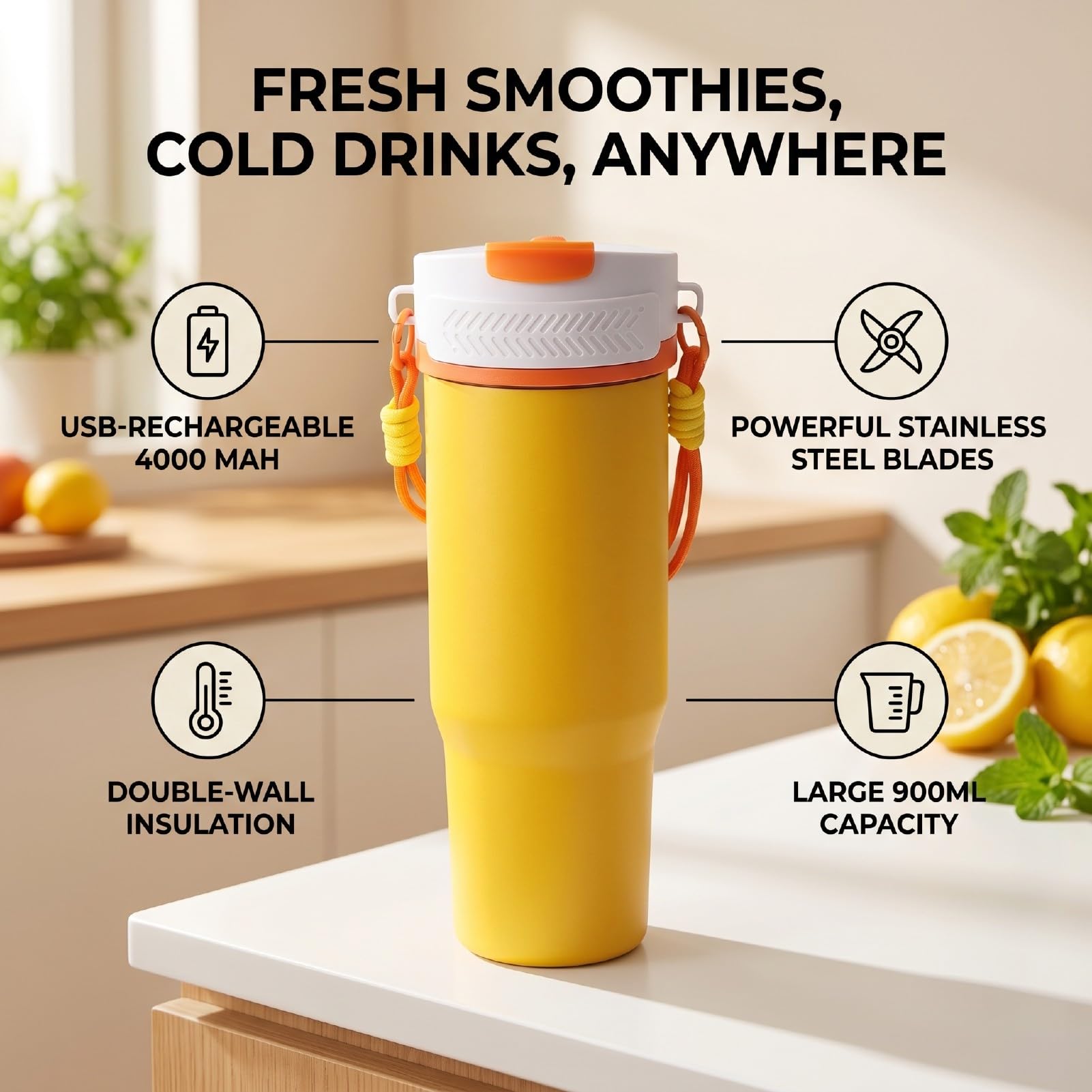 Generic Vaso Exprimidor de Acero Inoxidable, Licuadora Portátil Recargable para Batidos, Zumos, 900ml, Ideal para Viajar Al Aire Libre