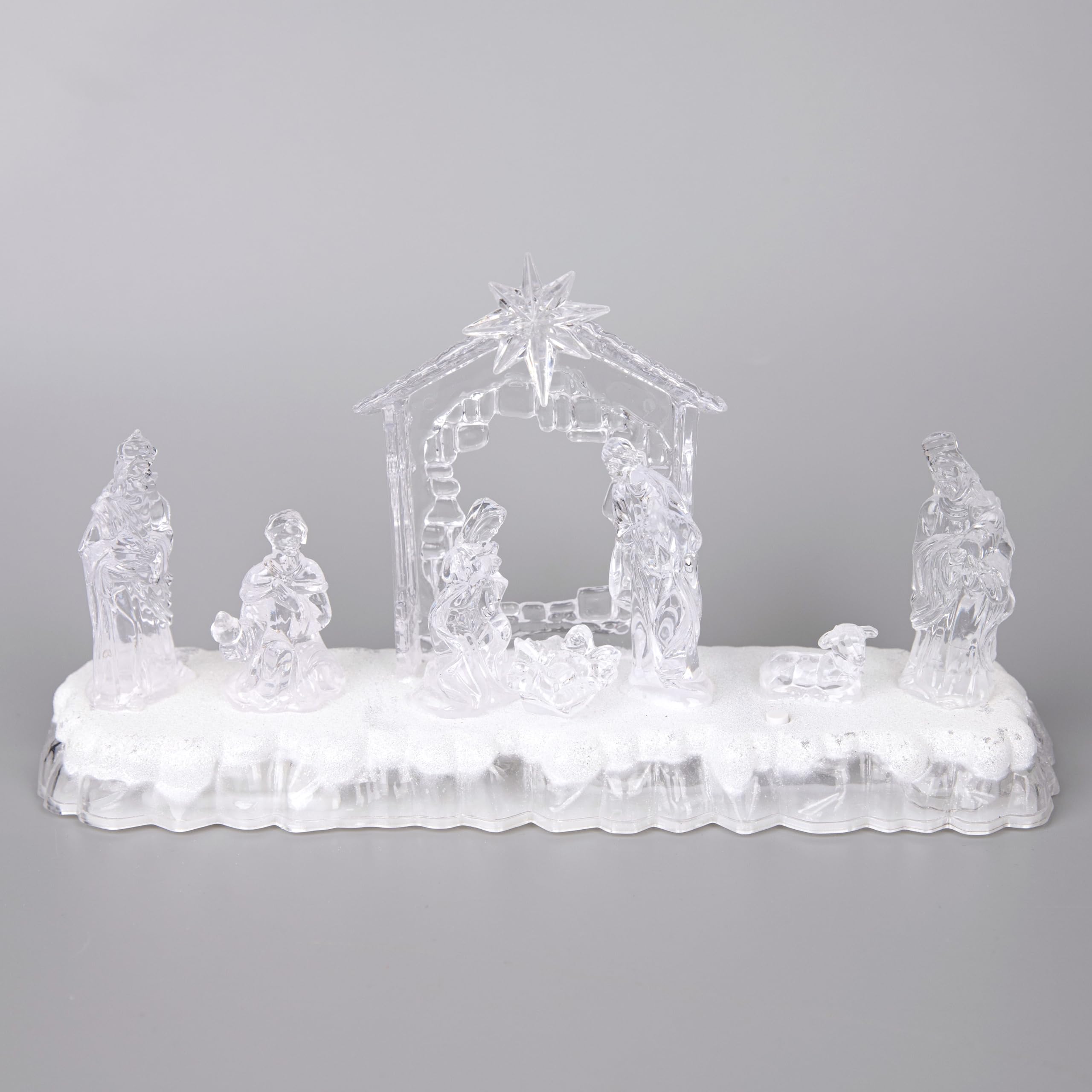 Shatchi Men's Clear 32Cm Christmas Pre-Lit Led Musical Nativity Scene Acrylic Sculpture Battery Operated Light Up Xmas Tabletop Home Decorations
