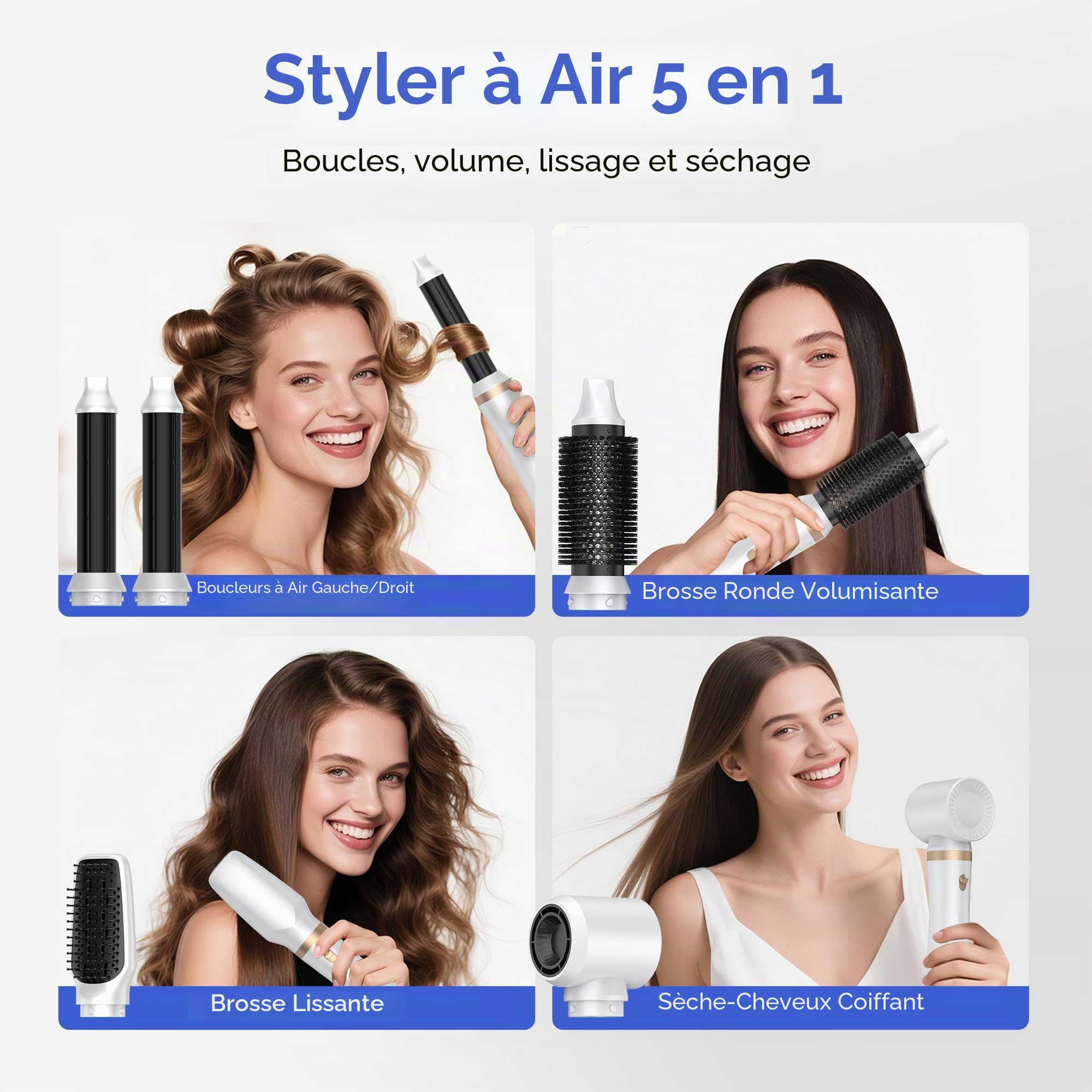 5 en 1 Brosse Soufflante Airstyler Air Styler set Hair Styler Airbrush Fer a Boucler Brosse Soufflante Brosse Lissante Pour Cheveux, Kit de coiffure Pour Sécher