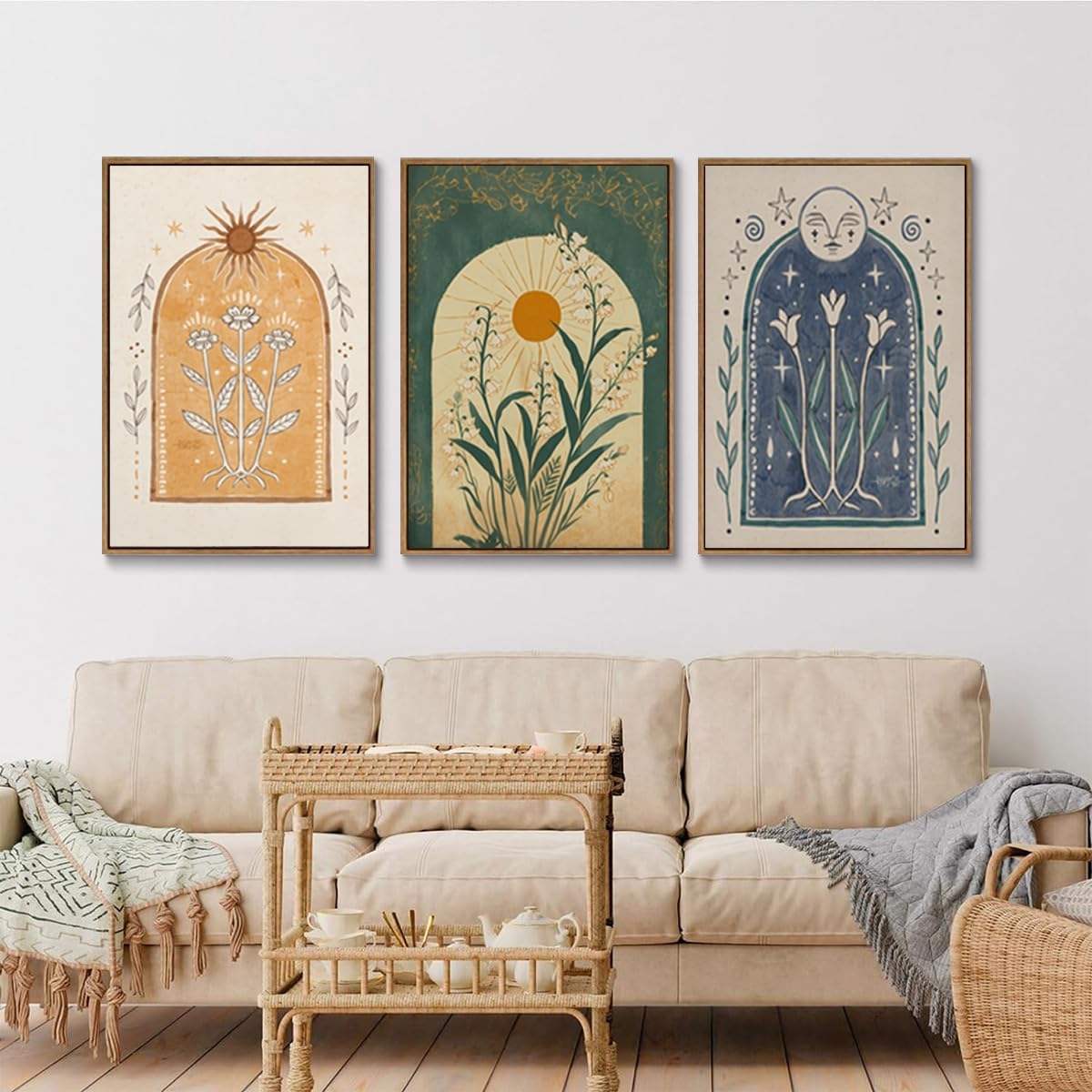 ZZTCYSU Celestial Canvas Wall Art Sun and Moon Framed Wall Art Vintage Tarot Prints Gothic Mystical Astrology Artwork Boho Folk Floral Decor For Living Room Bedroom Bathroom 16"x24"