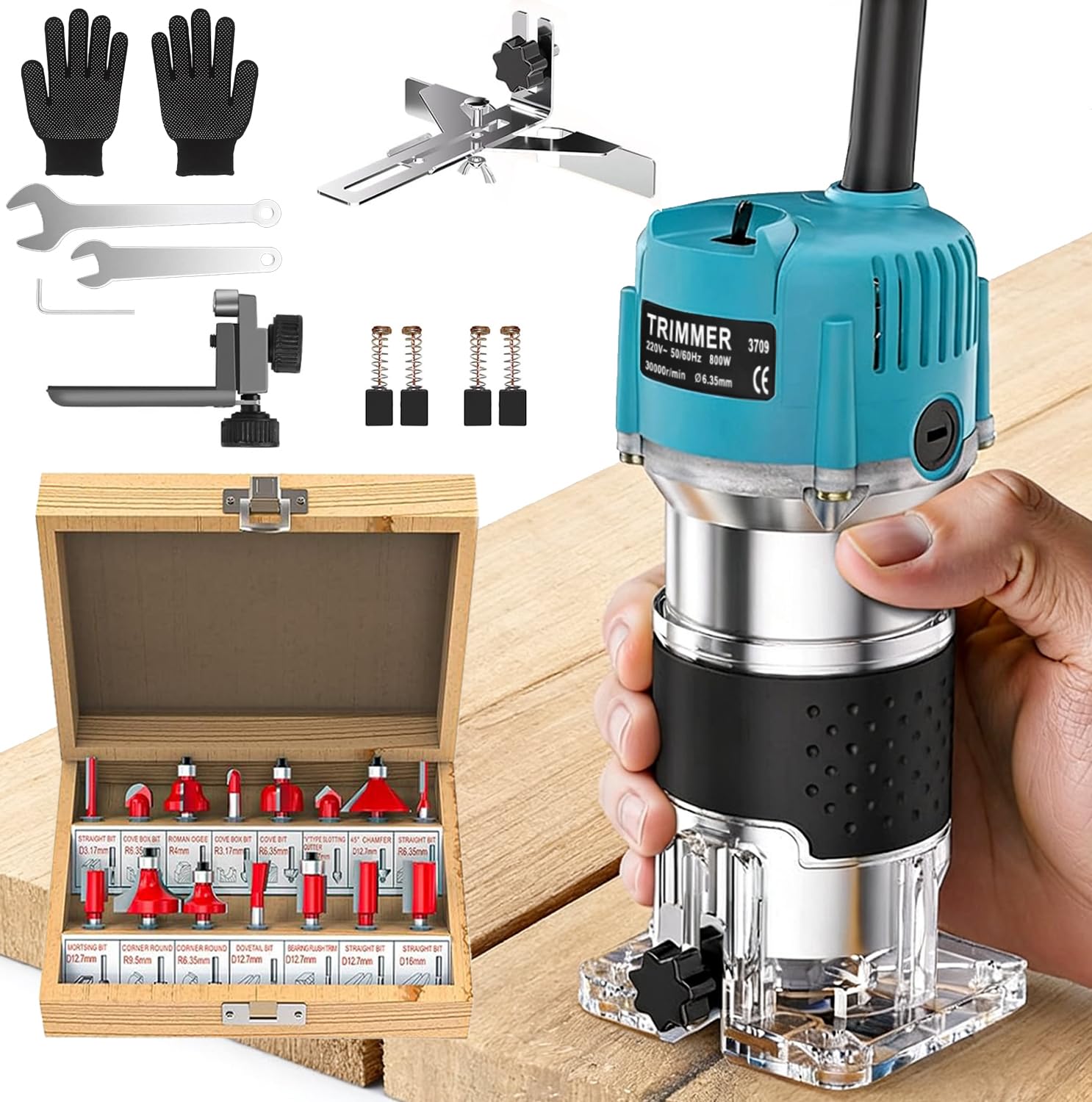 Palm Router Tool, 800W 30000RPM Electric Wood Trimmer 6 Variable Speed, 15Pcs 1/4" Router Bits Set & Straight Guide, Handheld Compact Woodworking Router for DIY and Slotting 220V