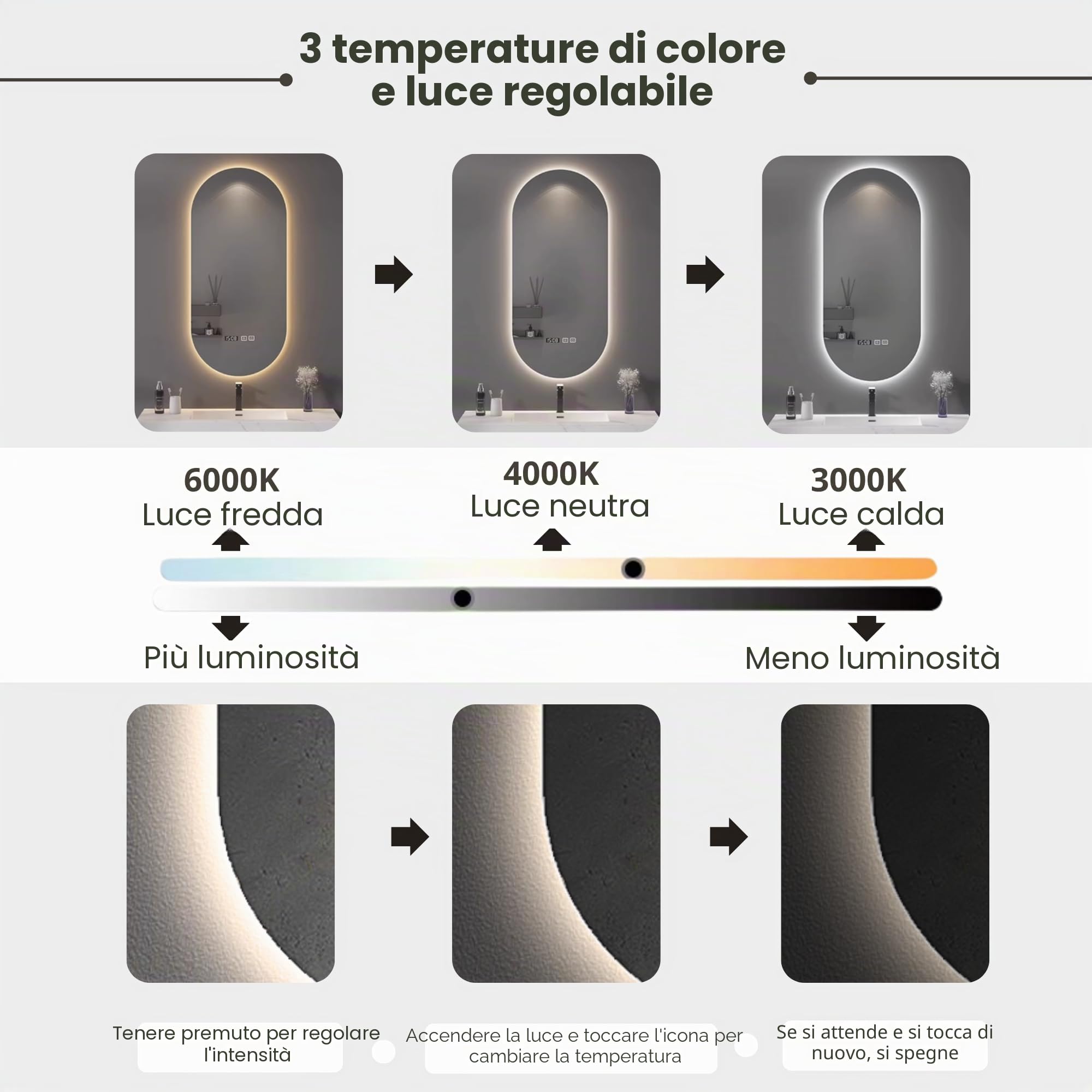 Specchio da Bagno con Luce. Specchio Ovale LED da Parete, 3 Tonalità di Colore, Dimmerabile, Anti-Appannamento, o con Orologio e Temperatura. Ideale pe Bagno o Toeletta. (Verticale – 60x90cm)