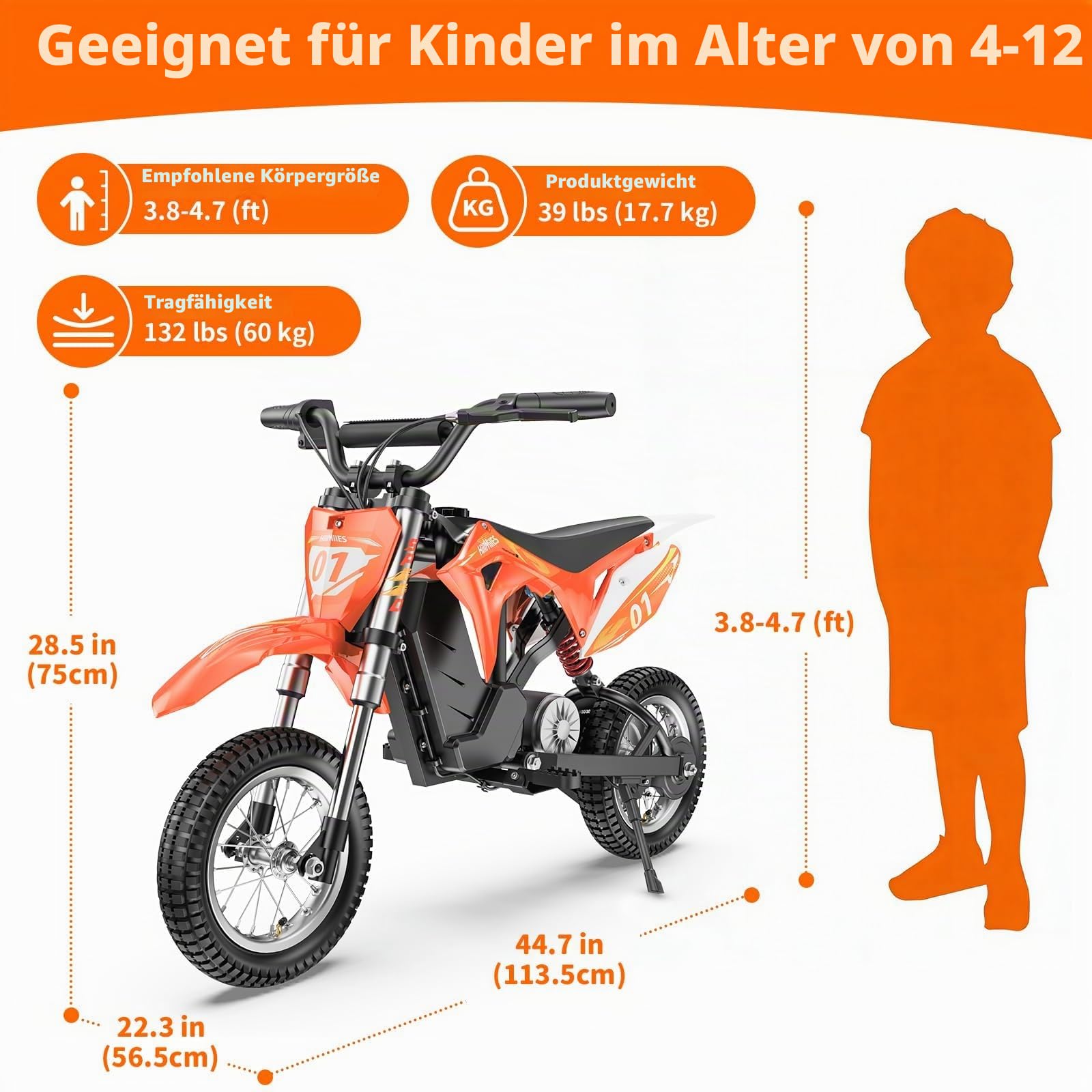 MileRocket 1 Kinder-Elektromotorrad für 4–10 Jahre, 8/12/25 km/h Geschwindigkeitsregelung, 36V 4Ah Akku, 20 km Reichweite, Pocketbike mit Doppelaufhängungg