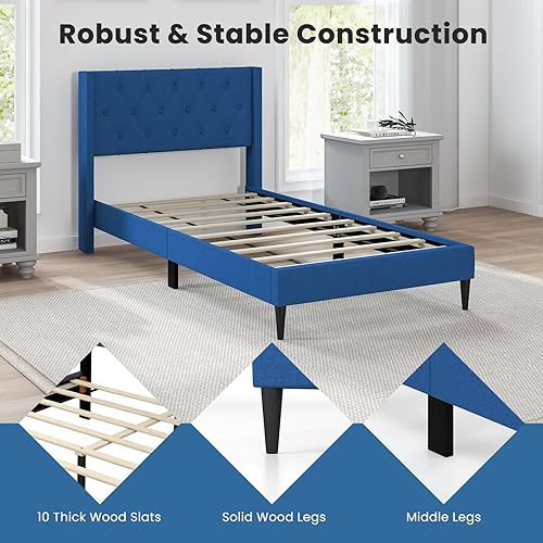 Miniatura 7 de Giantex Base de cama de plataforma de tamaño individual con respaldo de alas, base de cama tapizada de tela con cabecera capitonada con botones y