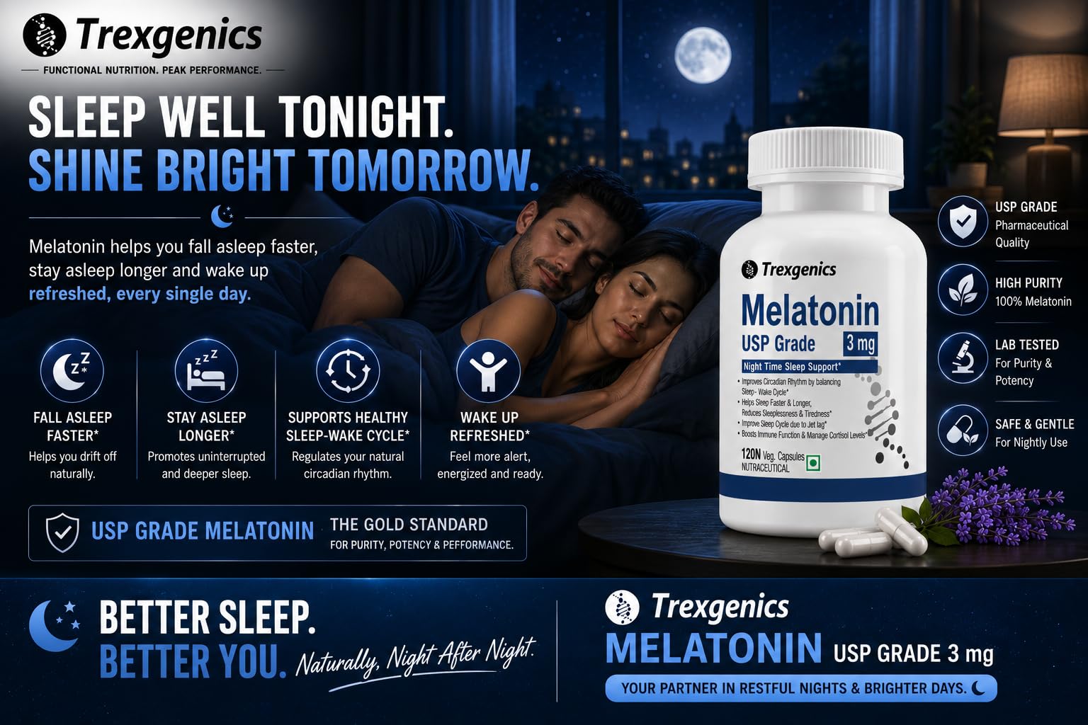 Trexgenics Melatonin 3 mg USP grade Night Time Sleep, Circadian rhythm, jet lag, cortisol balance Support(120 Veg.Capsules) (Melatonin 3 mg (120)) — Amazon image 6