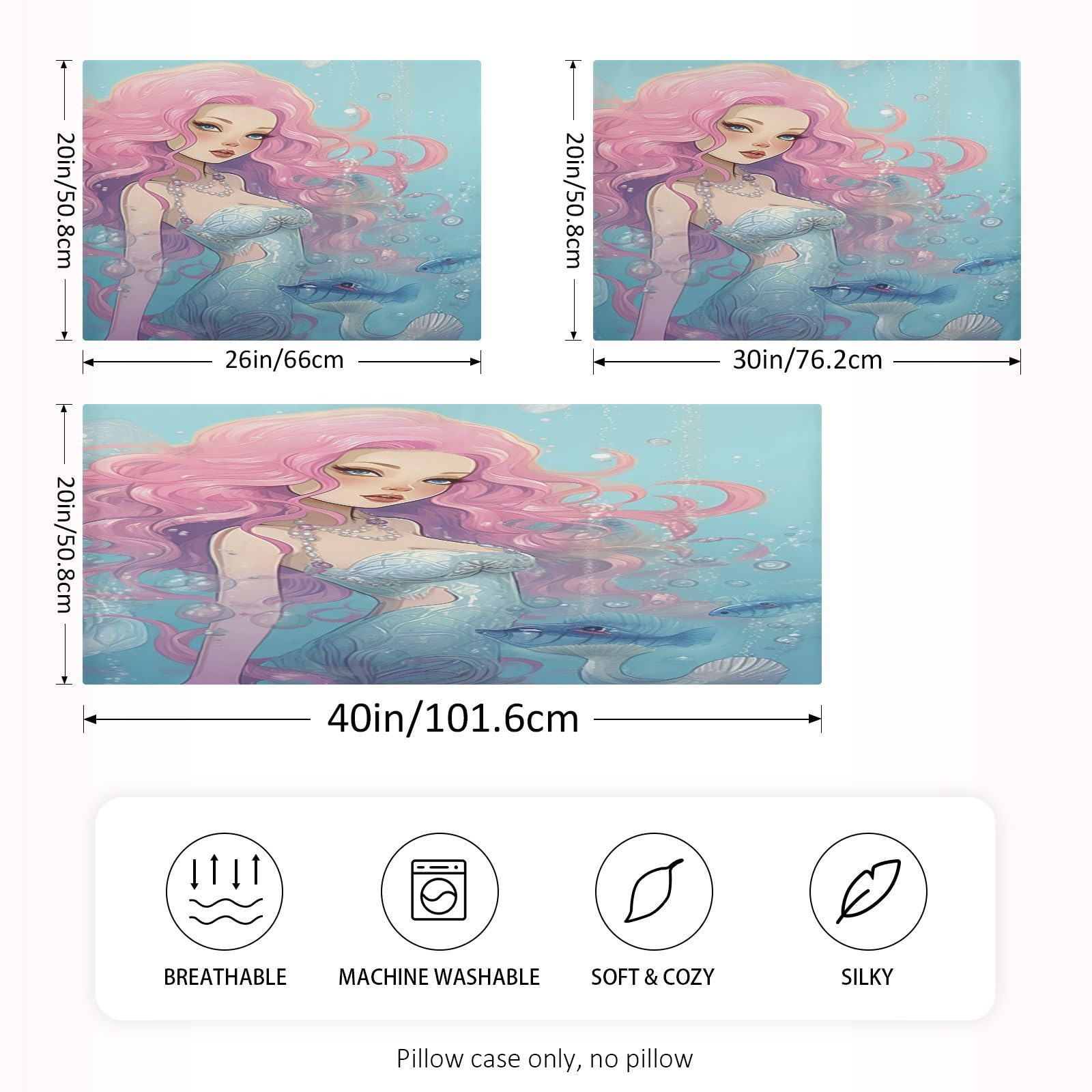 FLildon Satin Pillowcase Pink Mermaid Girl Pillow Cases Soft Silky for Hair and Skin with Envelope Closure, King Size, 1 Pack