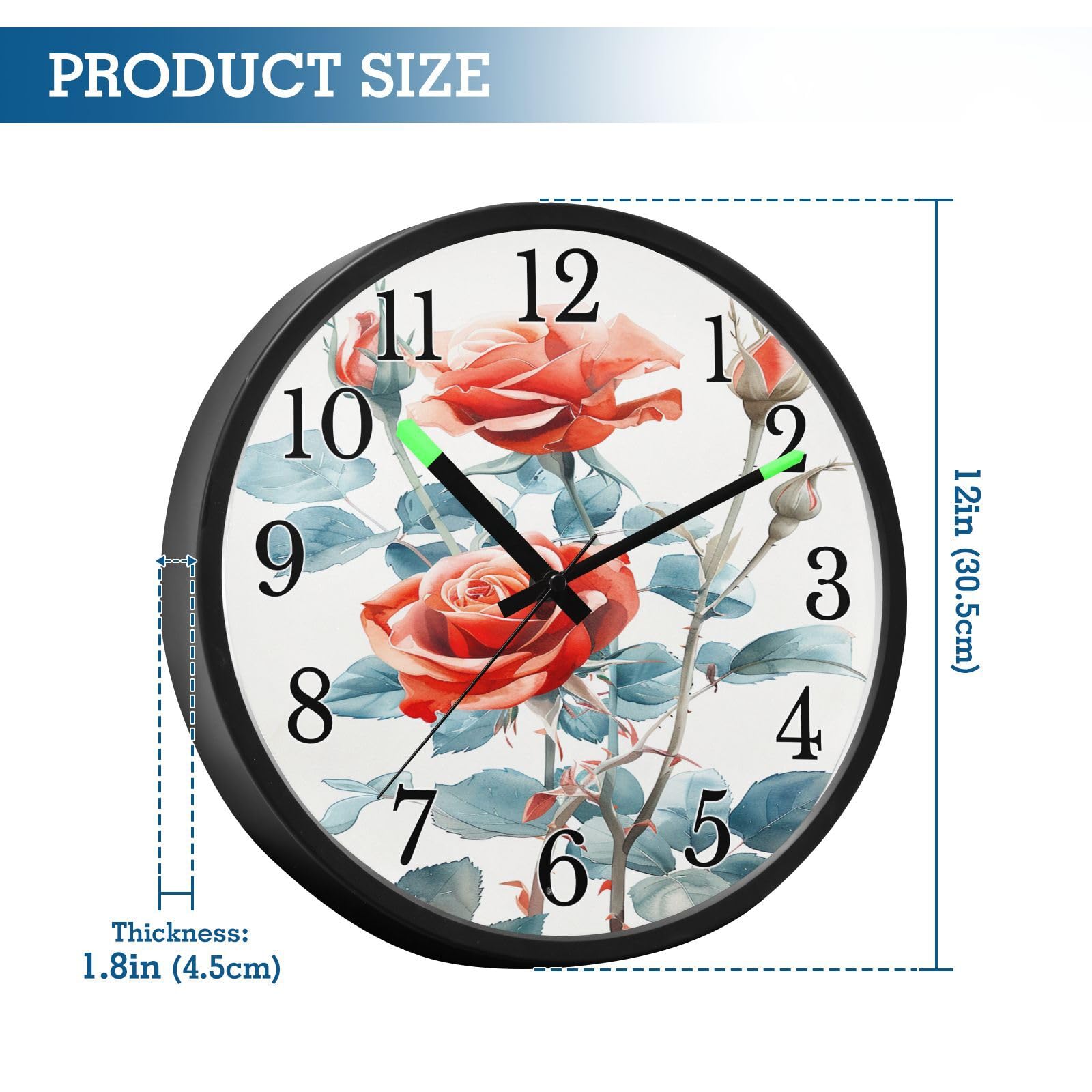 Mnsruu Reloj de pared luminoso con diseño de rosas rojas, funciona con pilas, silencioso, brilla en la oscuridad, para sala de estar, cocina, 30,5 cm