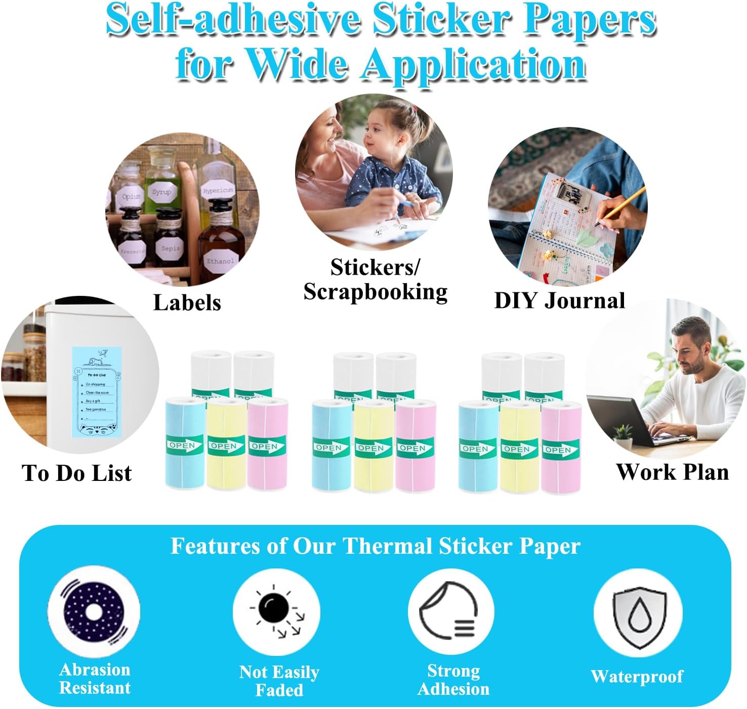 15 Rolls Thermal Sticker Paper for Mini Printer Sticker Maker, Including 9 Colored and 6 White Self-Adhesive Mini Printer Sticker Paper, 57 x 25 mm - Image 5