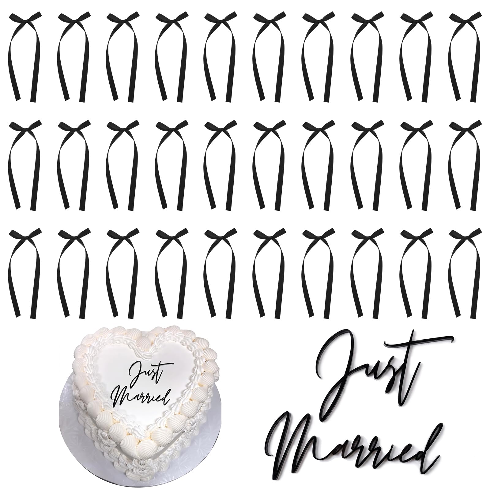 motmucot 31 Piece Just Married Cake Decoration with Black Ribbon Bows