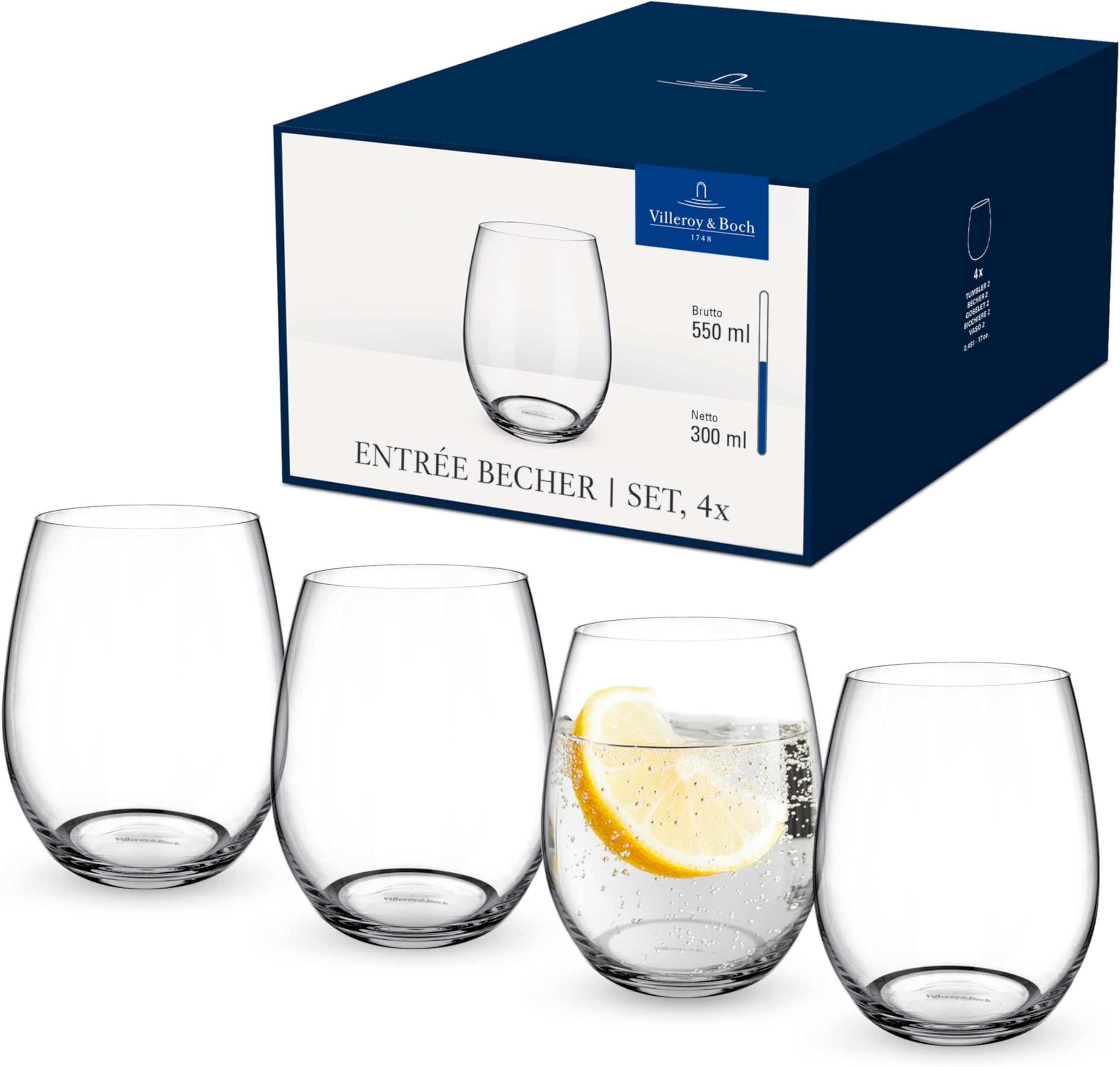 Villeroy & Boch - Entree Water Glass Set 4 Pieces 250 ml Clear, Dishwasher Safe, Drinking Glasses for Water, Juice or Matcha, Glass Set, Drinkware, Tableware, Glassware, Crystal Glass