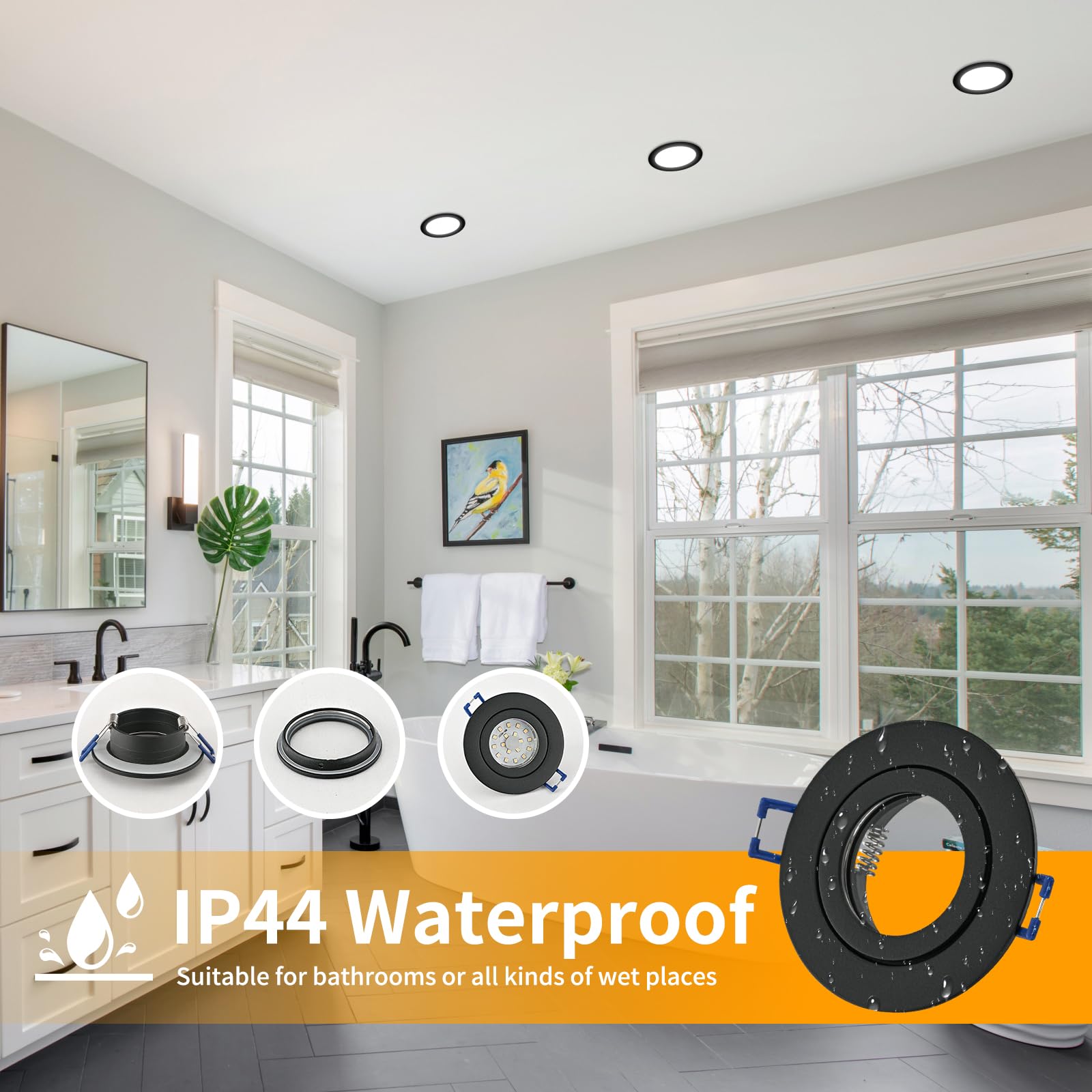 GeyouLux 4x wpuszczana lampa punktowa LED 230 V IP44 Rama z gniazdem GU10, czarne aluminiowe reflektory sufitowe z aluminium, okrągłe płaskie reflektory łazienkowe rama montażowa 68 mm na zewnątrz -