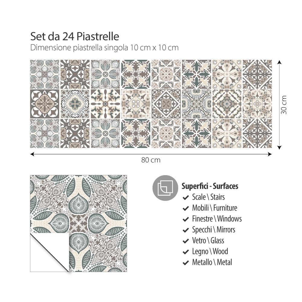 RE-COVERTILES - Adesivi per Piastrelle Bagno e Cucina 24 Pz 10x10 cm - PS00025 Decorazione murale in PVC impermeabile mattonelle mosaico stile cementine Azulejos