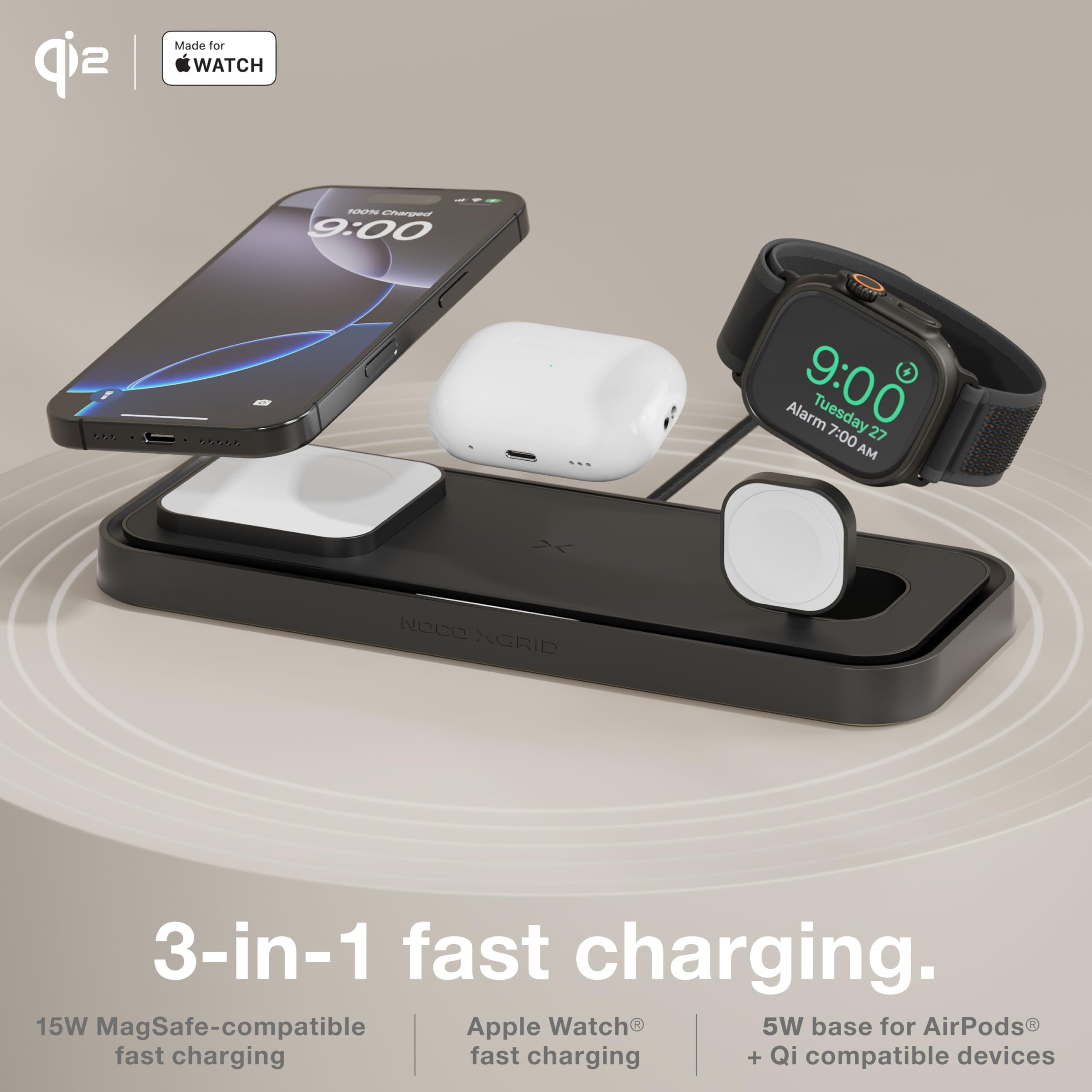 NOCO XGrid XDP3: Base di Ricarica Wireless 3-in-1 – Stazione di Ricarica per iPhone, Apple Watch e AirPods – Compatibile MagSafe, Certificata Qi2 – Con Caricatore USB-C 45W e Cavo da 2m