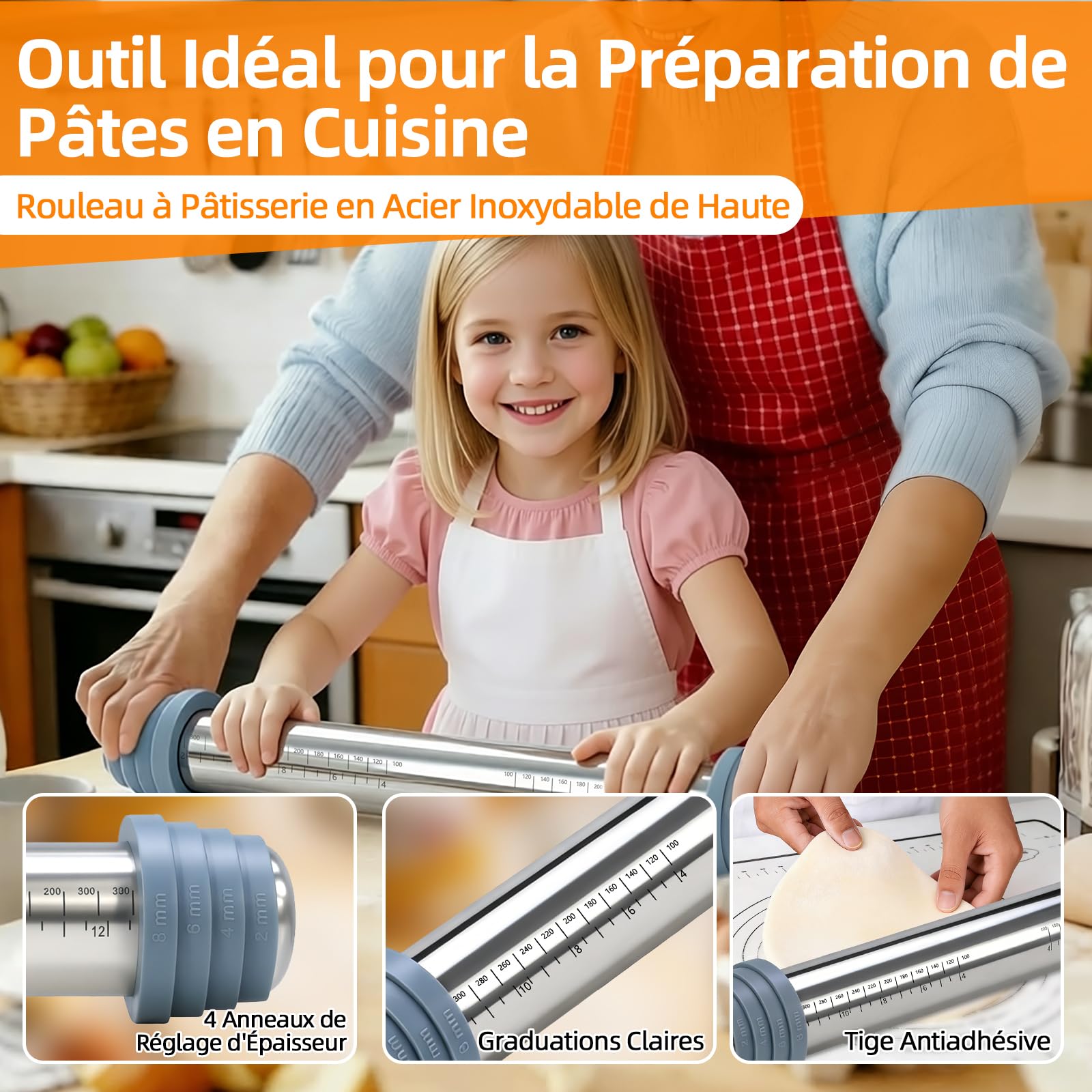 Rouleau a Patisserie en Acier Inoxydable avec 4 Tailles Anneau Réglable - Laminoir Pâtisserie 42 cm, Antiadhésif, Tapis et Grattoir à Pâte, Tous avec Marqueurs de Graduation, Pour Pizza, Pâte, Biscuit