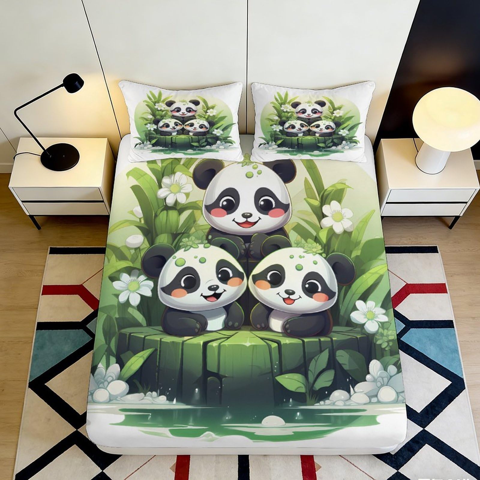 3D Printed Cute Panda Forest Fitted Sheet Microfiber Non-slip Bed Cover for Bedroom Dorm Easy Care Mattress Protector 140x200x25cm
