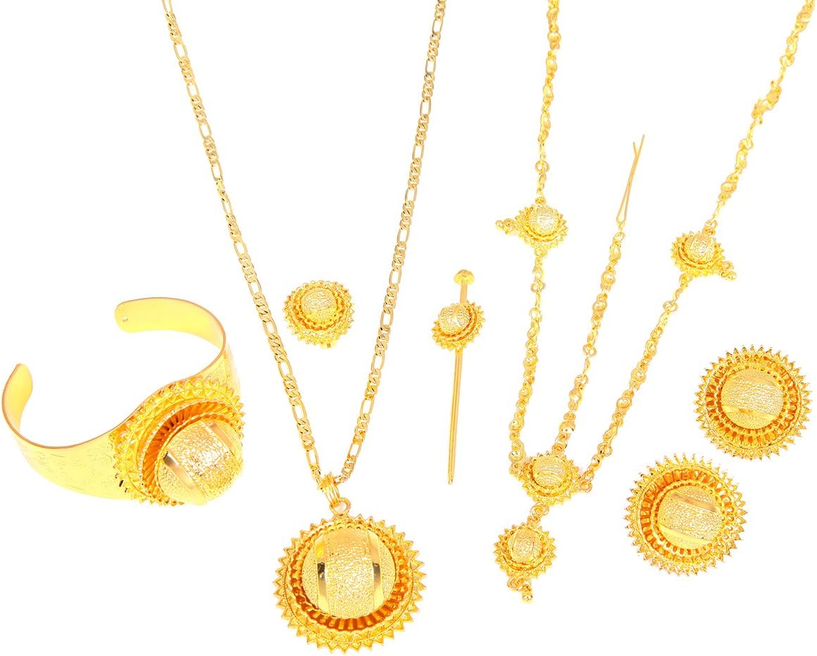 24K Gold Ethiopian Set Jewelry Pendant Chain Clip Earring Ring Bangle Hair Piece African Habesha