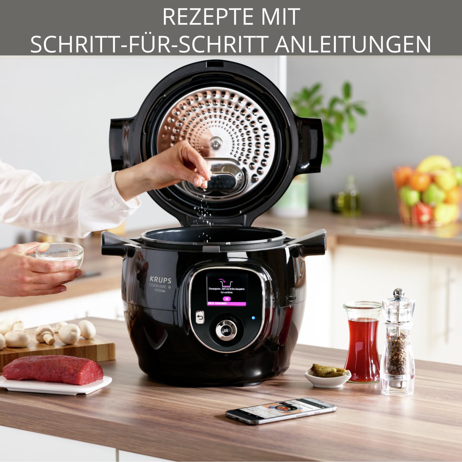 Krups CZ7158 Cook4Me+ Connect Multikocher | 1600 Watt | elektrischer Schnellkochtopf | inkl. kostenlose App | Bluetooth Steuerung | 4 Liter Fassungsvermögen | schwarz/grau