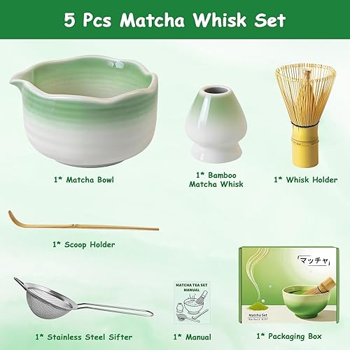 Miniatura 8 de Juego de batidor de matcha, juego de 5 piezas de matcha con cuenco matcha, soporte para batidor, tamiz, batidor y cuchara de bambú, regalo para