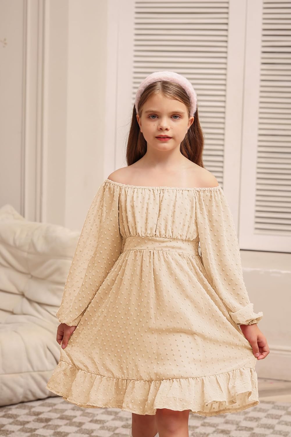 GRACE KARIN Girls Ruffle Tiered Dress Long Sleeve Swiss Dot Flowy A-Line Dress 6-14Y - Image 3