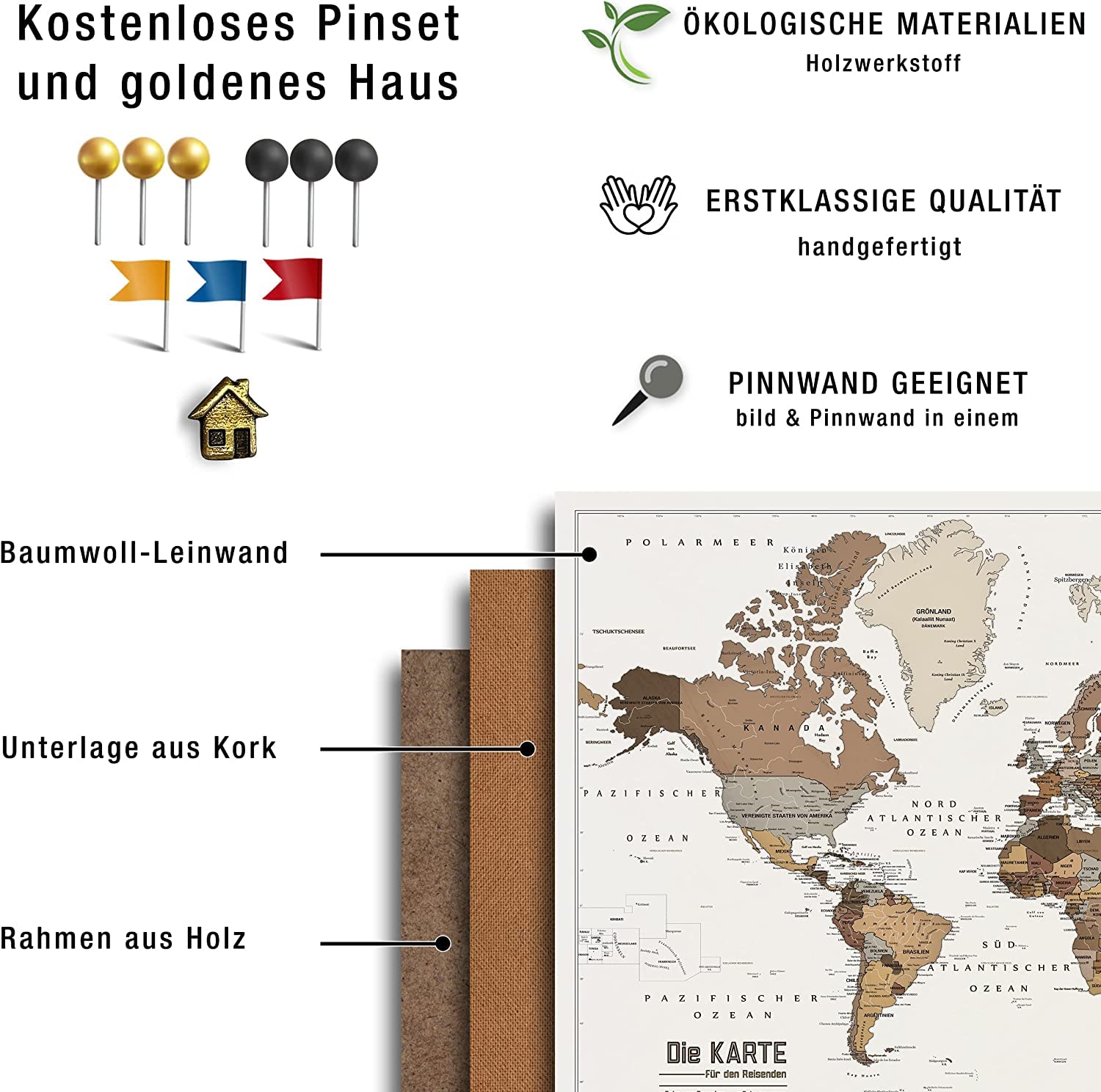 Płócienna mapa świata z korkiem do przypinania celów podróżnych, dekoracja ścienna do każdego pomieszczenia, wysokiej jakości obrazy na płótnie z mapą świata w różnych rozmiarach (150 x 100 cm, wzór 5)