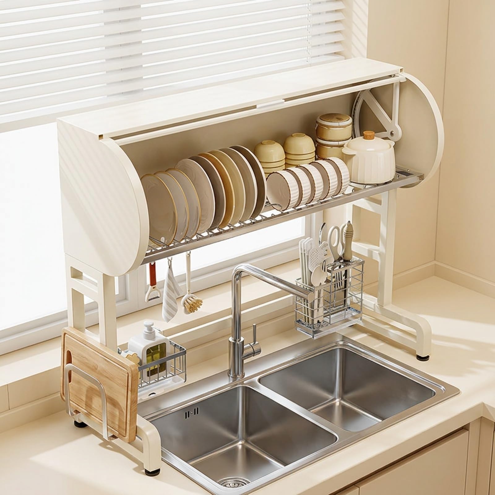 Edelstahl Spülbecken Organizer, | Großer Geschirrabtropfer über dem Spülbecken, Stabiler Küchenregal Aufbewahrung(Wit,95cm/37.4in)