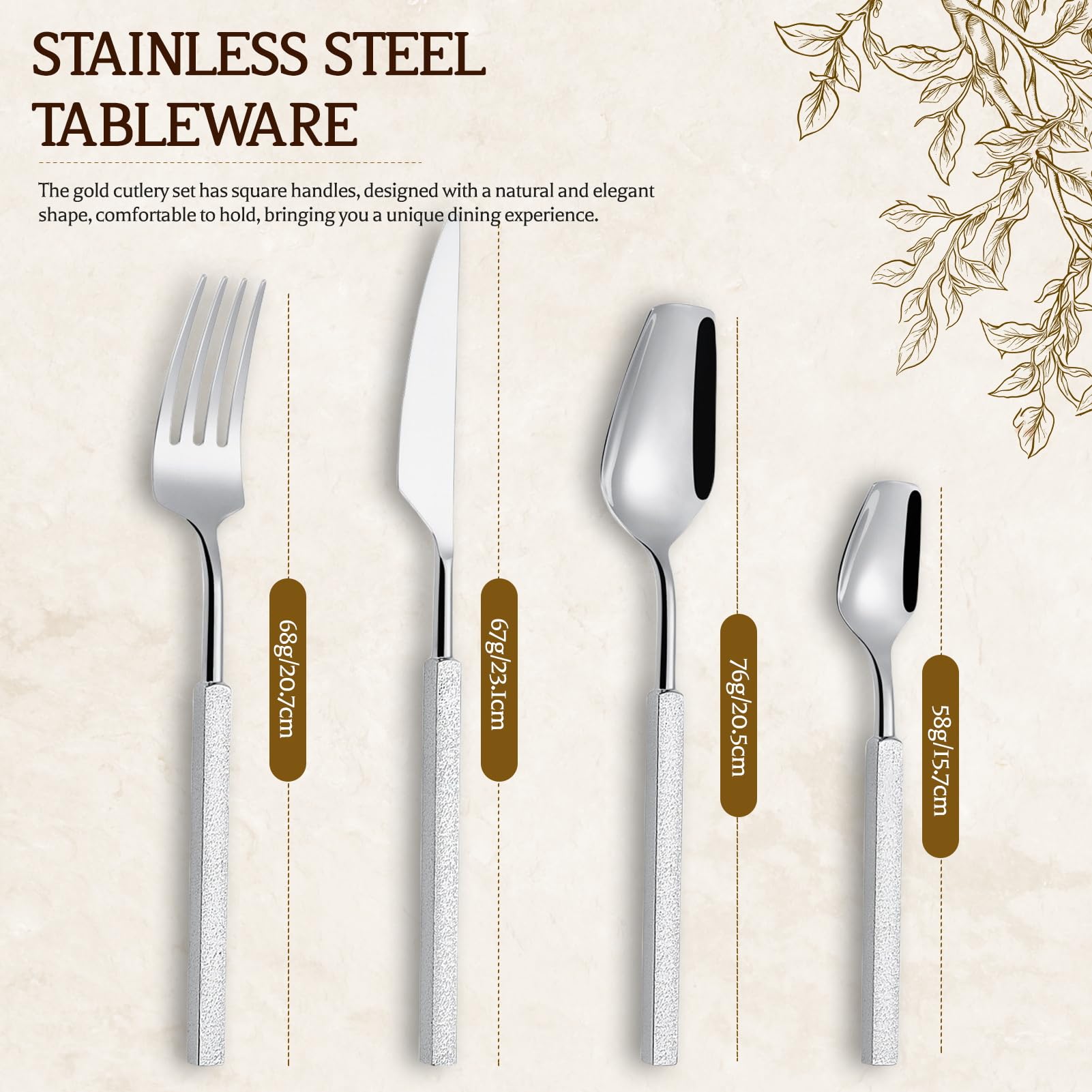Juego De Cubiertos, Flatware Set Acero Inoxidable 18/10, Mango Cuadrado, Espejo Pulido, Elegante Duradero Vajilla Para Casa, Hotel, Restaurante, Casa Nueva (Plata,20pcs)