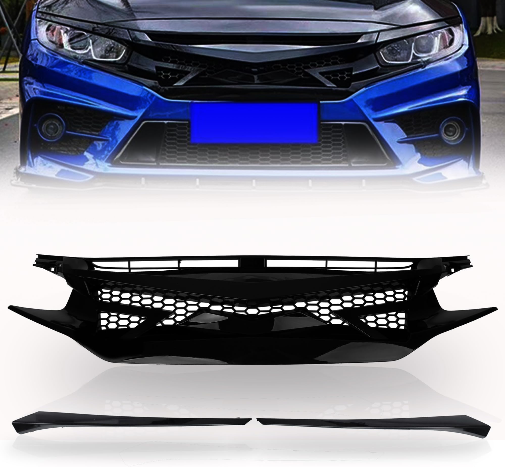 Front Upper Chrome Grille For 2016-2018 Honda Civic 10th Gen Sedan – Mesh Style, ABS, Chrome & Black