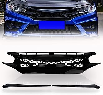 PartsFlow 3PCS Front Bumper Grille Battle Style Grill Honeycomb Mesh With Trim For 2016 2017 2018 2019 2020 2021 Honda Civic Si Hatchback Type