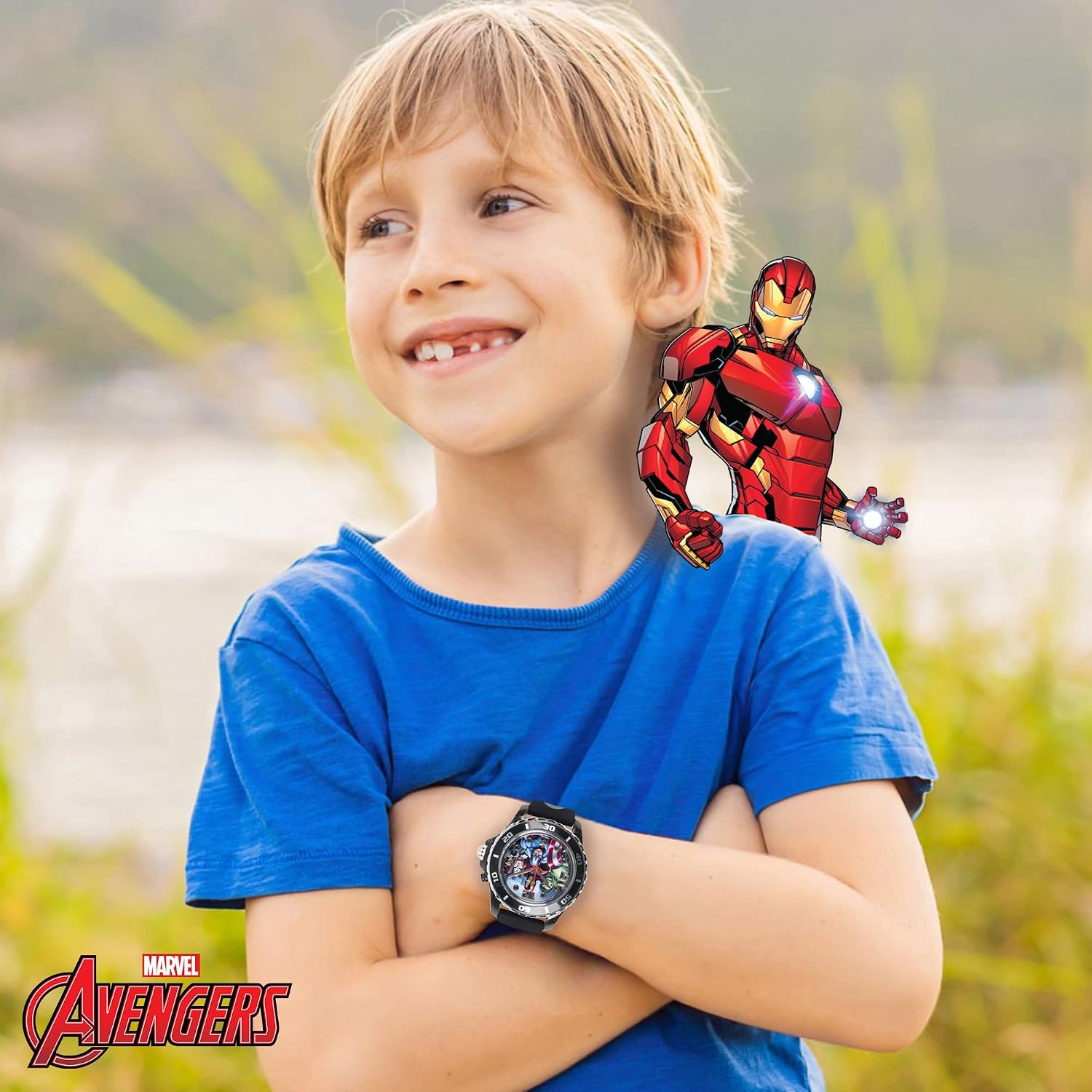Marvel Avengers Adventure Analog Quartz Kids' Watch with Flashing LED Lights - Superhero Icons Band, Japanese Movement, Black