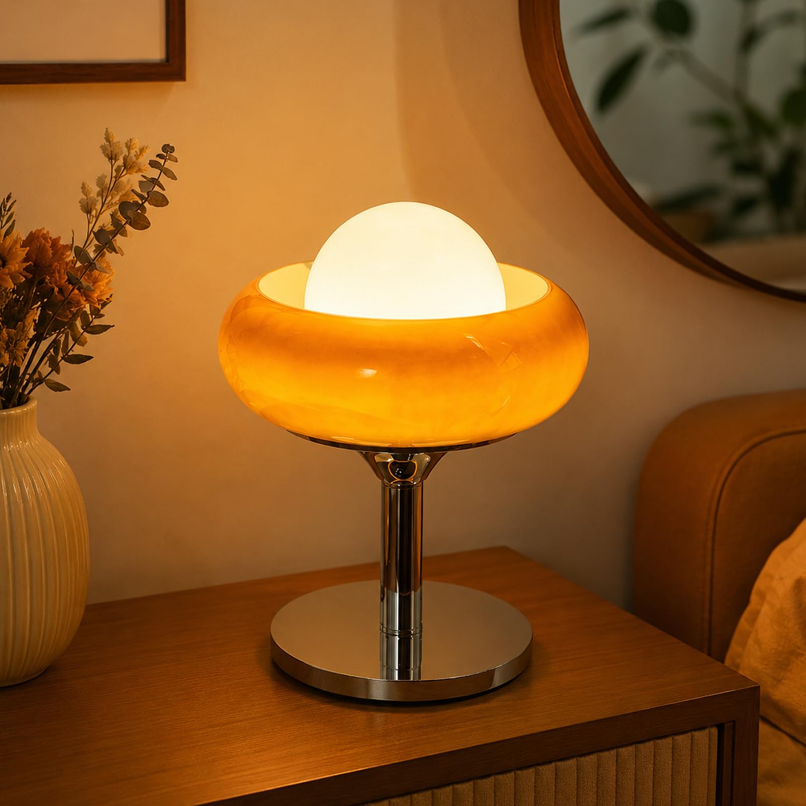 Lámpara De Mesa Seta De Cristal Naranja, Estilo Mid-Century Modern, Tipo «Egg Tart», Para Mesita De Noche O Escritorio, Regulador De Intensidad 3 Colores, Metal Cromado (Incluye Bombilla)