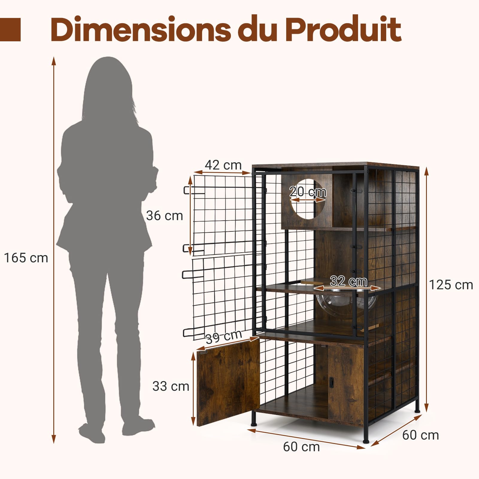 COSTWAY Grand Cage Chat à 4 Niveaux, Enclos pour Chats en Fil, 3 Plateformes, Capsule, Meuble de Rangement Bas, Portes Verrouillable, Patins Réglables, pour Lapin Écureuil, 60 x 60 x 125 cm
